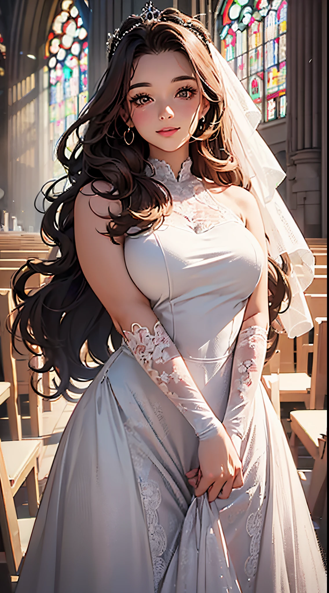(best quality,4k,8k,highres,masterpiece:1.2),young girl,ultra-detailed,realistic,beautiful detailed brown eyes,beautiful detailed brown wavy hair, extremely detailed face with a smile,caucasian girl,long eyelashes,(curvy girl:1.35),(long hair:1.5), brown wavy hair,caucasian girl,stand in the church,wearing a wedding (light [orange powder|pink powder:0.75]) colored dress, flower crown on the head