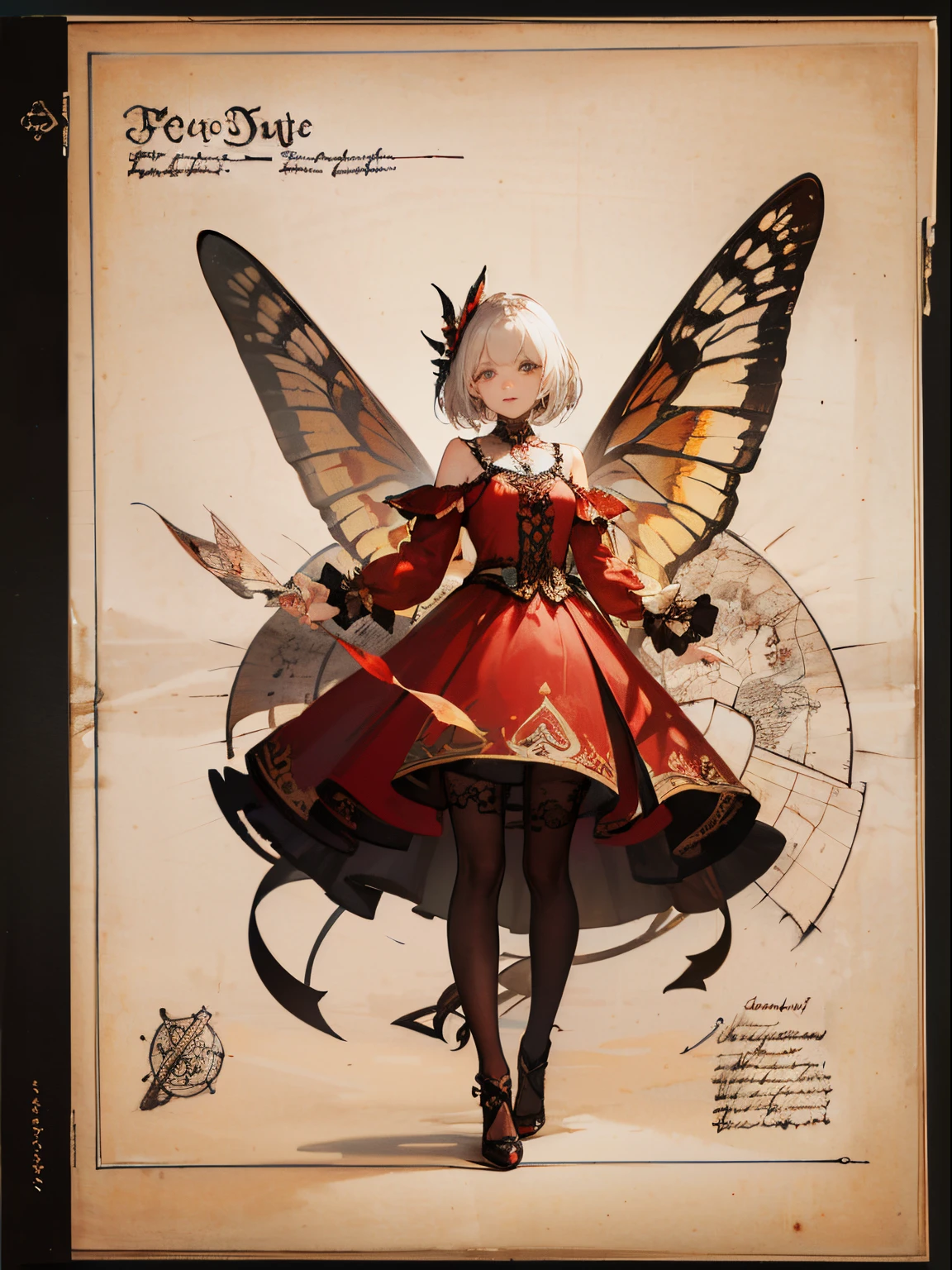 masterpiece, forgotten_pages a drawing of a girl with red butterfly wings, beautiful, pretty,red dress, flying in the sky, gem, pearl,standing, forgotten_pages