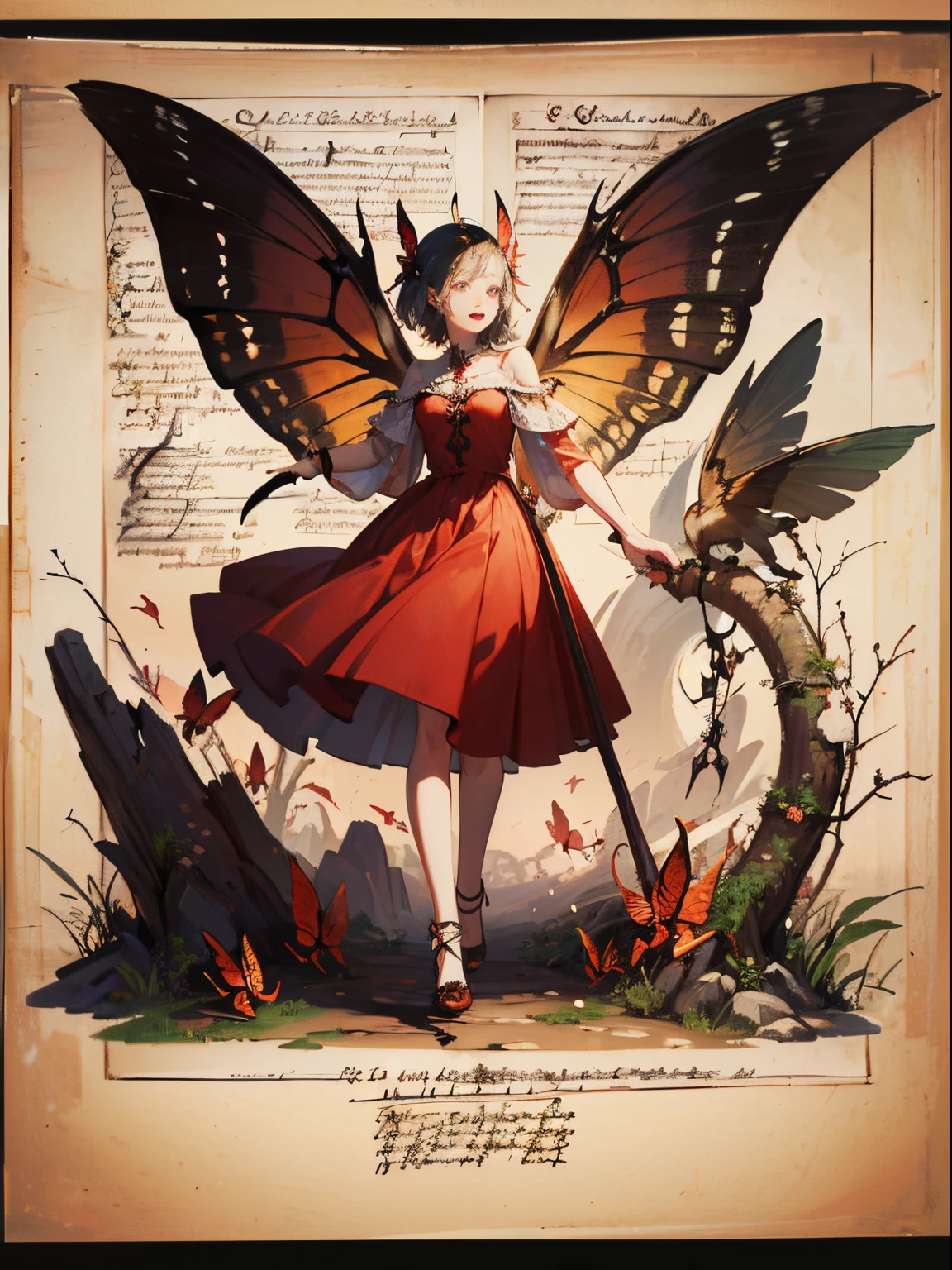 masterpiece, forgotten_pages a drawing of a girl with red butterfly wings, beautiful, pretty,red dress, flying in the sky, gem, pearl,standing, forgotten_pages