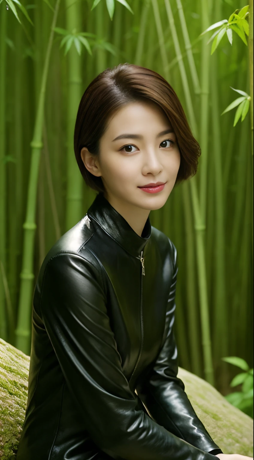 The highest image quality、超高分辨率、1 girl，Short hair details、exquisite and beautiful face、Wearing a leather long-sleeved robot suit、Sitting on a large rock in the bamboo forest