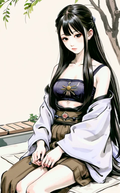 Girl 1, shukezouma, Negative Space, , shuimobysim , Portrait of a woman,Middle chest, Willow King (master-piece, beste-Qualit:1.2), ancient chinese ink painting, Model style, tranquil, (smirk) viewer look,sleeping on a man's lap,Japanese sword,sitting with a man, Willow tree in the background, wuchangshuo,