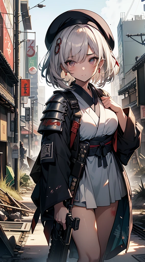 top-quality、Top image quality、masterpiece、teens girl((18year old、Transparent mini dress、wearing a kimono over one's shoulders、Black armor、bust 80、Radiant hair、short-hair、Breasts wide open、Strong eye power、White beret、Get closer to your audience、Kamimei、Full of wounds all over the body、He is holding the handle of the sword with his right hand.、holding a rifle in his left hand))hiquality、visualart、Background with((World of Japan、Destroyed cityscape))、Gorgeous colors