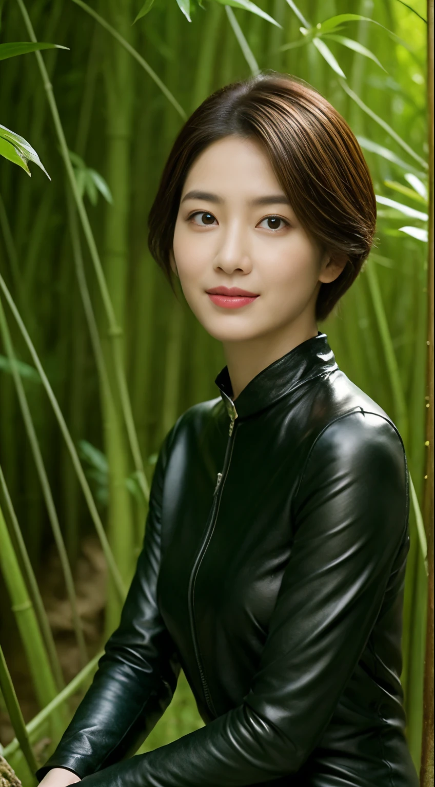 The highest image quality、超高分辨率、1 girl,Short hair details、exquisite and beautiful face、Wearing a leather long-sleeved robot suit、Sitting on a large rock in the bamboo forest