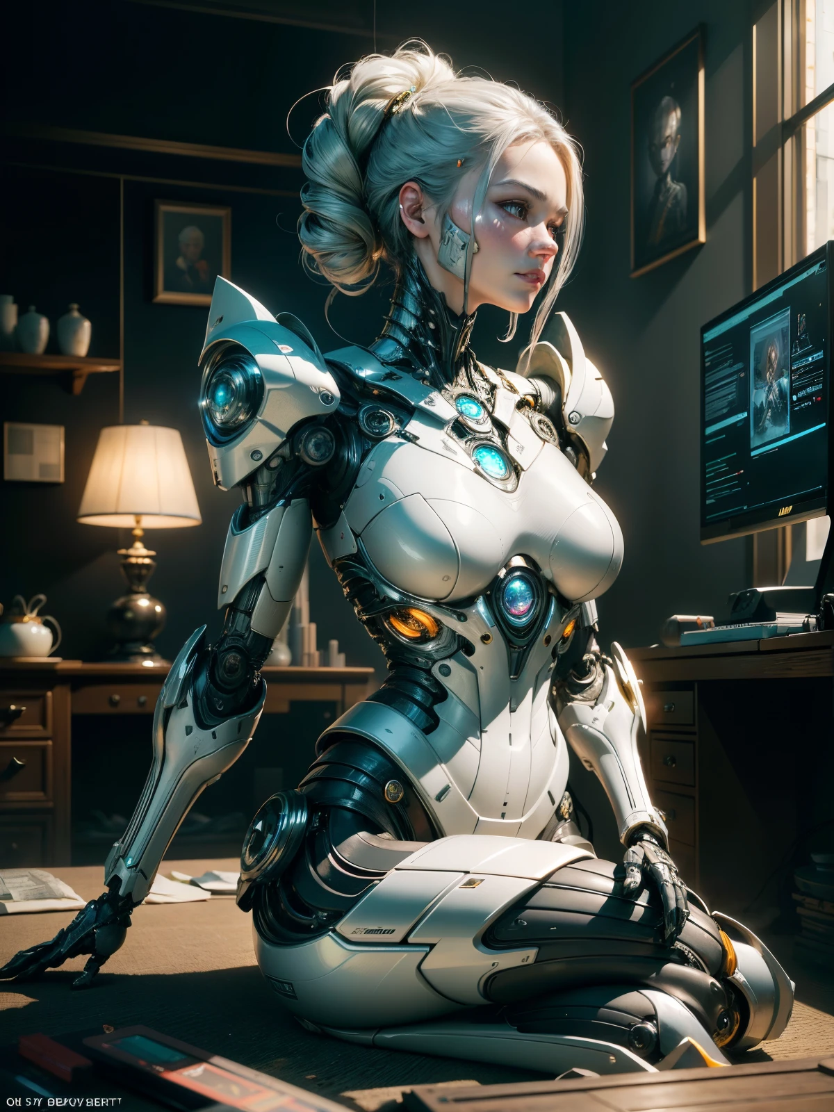 Complex 3d rendering ultra detailed cute porcelain profile girl android face, 18 years old, cyborg, robot parts, 150mm, vivid detail, cyberpunk, lace, surreal, anatomical, facial muscles, cable wire, microchip, analog meter, LED light, elegant, metaverse, beautiful background, octane rendering, Dynamic angles, Dynamic poses, 8k, Best quality, Masterpiece, Illustration, Very delicate and beautiful, Very detailed, CG, Uniform, Wallpaper, ( realistic, Photorealistic: 1.37), Awesome, Elaborate, Masterpiece, Best quality, Official art, Highly detailed CG unity 8k wallpaper, absurd, incredible absurdity, robot, silver halmet, sit, Focus on the eyes