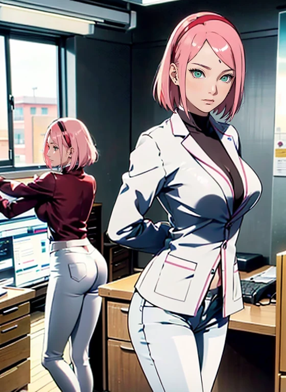 (SFW)1 MULHER MADURA (adulto), corpo sexy, Corpo Perfeito, roupas muito apertadas (casaco hospitalar), Mostra muita pele, roupas sexy,, Mamas Mostrando, standing in doctor's office, Close-up, arms behind back, sakura haruno adult doctor, faixa de cabelo vermelha, ((camisa branca)), white jeans, hot, seios grandes, Front view, Standing, s office ((camisas abotoadas))((Medical profession))