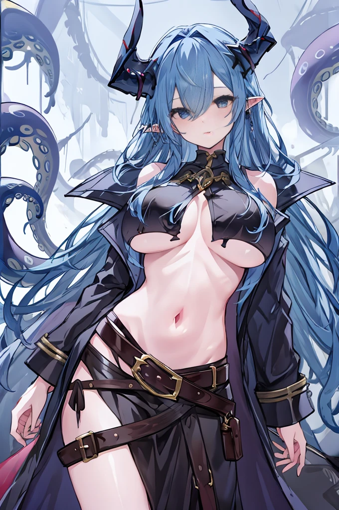 1girl, solo, mary celeste origin, blue eyes, blue hair, very long hair, (horns), pointy ears, (hair between eyes, hair over one eye:0.6), torn breast curtains, pelvic curtains, open coat, normal breasts, mature female, ((underboob)), bare belly, belt, large tentacles,, (masterpiece), (best quality), (extremely detailed, 8k wallpaper), (highly detailed), ((absurdres))
