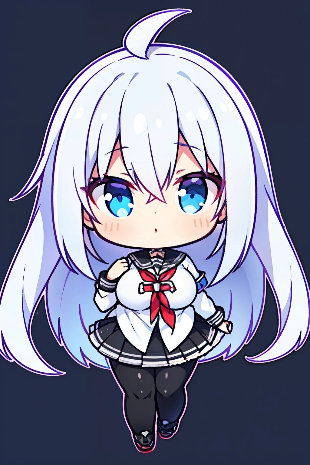 "anime girl, 1 person, silver white hair mixed with black, blue eyes, wearing headphones, female shirt, female school uniform, big breasts, tight pants, chibi,full body, looking in front, (HD image  Full 4K+)"