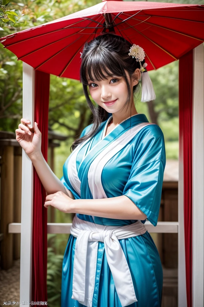 (masutepiece:1.3, Photorealsitic:1.4, 8K), top-quality, masterpiece, 超A high resolution, Perfect dynamic composition, Highly detailed skin and facial texture:1.3, A detailed eye, Detailed limbs, Summer precincts:1.2, 1girl in, Cute sexy 25 year old slim woman, Fair skin, ((Natural smile:0.9, Totally captivates you:1.0)), ((accurate shrine maiden costume)), ((voluptuous breasts:0.9)), (Facing the front, randome pose), (Beautiful blue eyes, Eyes that feel beautiful eros:0.85), Sexy face:0.4, (A mouthfeel that feels beautiful eros:0.85), ((Too cute beauty:0.9))