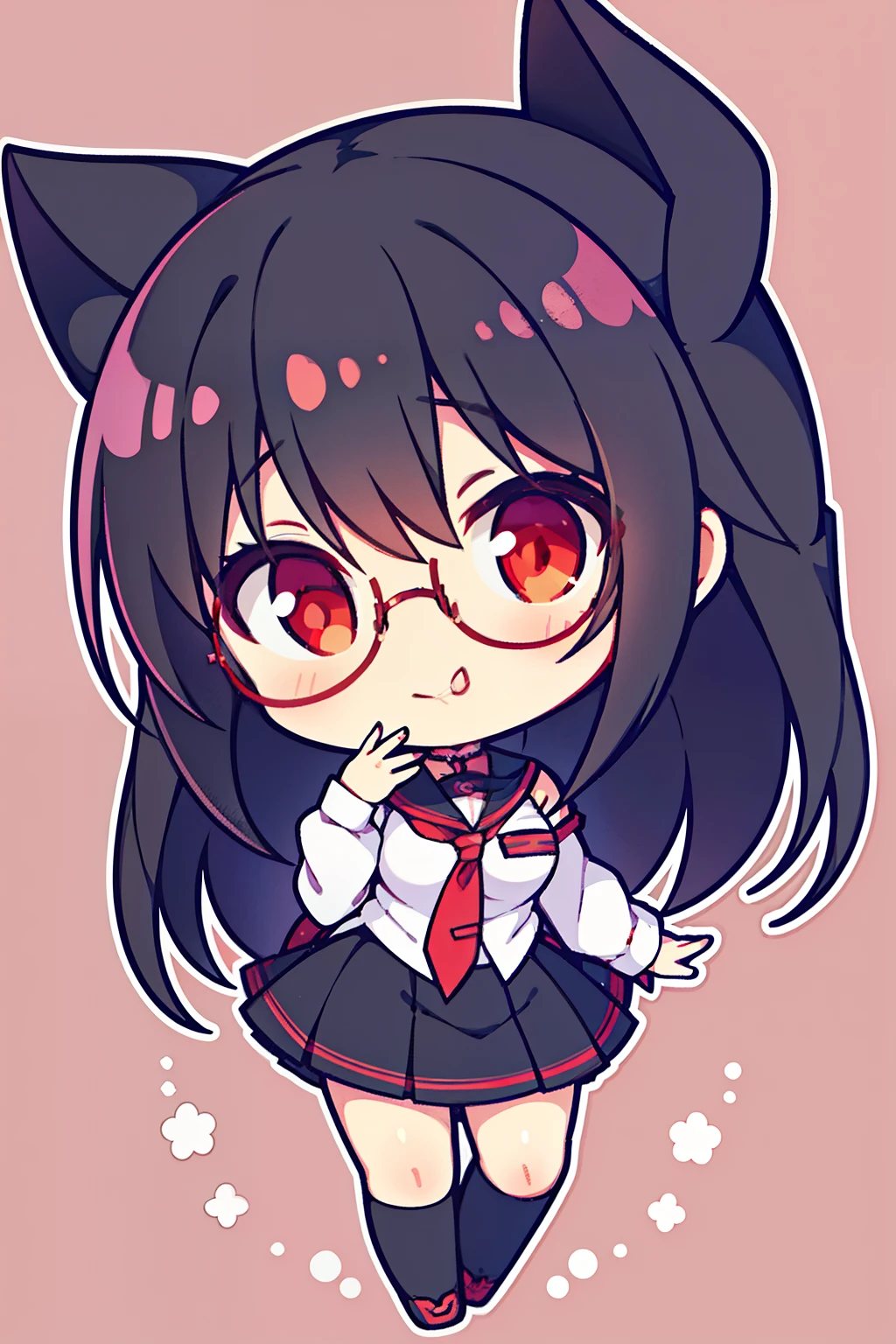 "anime girl, 1 person, black hair, shoulder length hair, red eyes, glasses, white horns, wearing a girl's shirt, tie, school clothes, big breasts, pants socks, licking lips, small black wings back,chibi,full body,solo, front view, (full HD 4K+ image)"