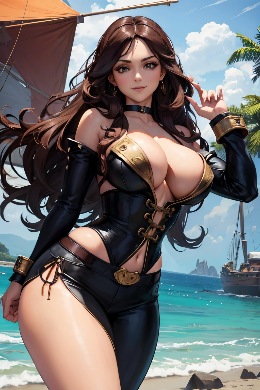 long hair, choker. busty (((DD-size ???????))), wide ????. lythe figure, curvy, voluptuous figure, ???? pirate, pirate blouse, tight pirate pants, posing on a pirate ship, Flirty smile, trending on Artstation, digital art, 20-year-old ( face a combination of Ana de Armas and Salma Hayek), seductive, devious smile, gorgeous goddess, anime style, HD, UHD, wavy hair, golden nose ring, gazing lovingly at the viewer,