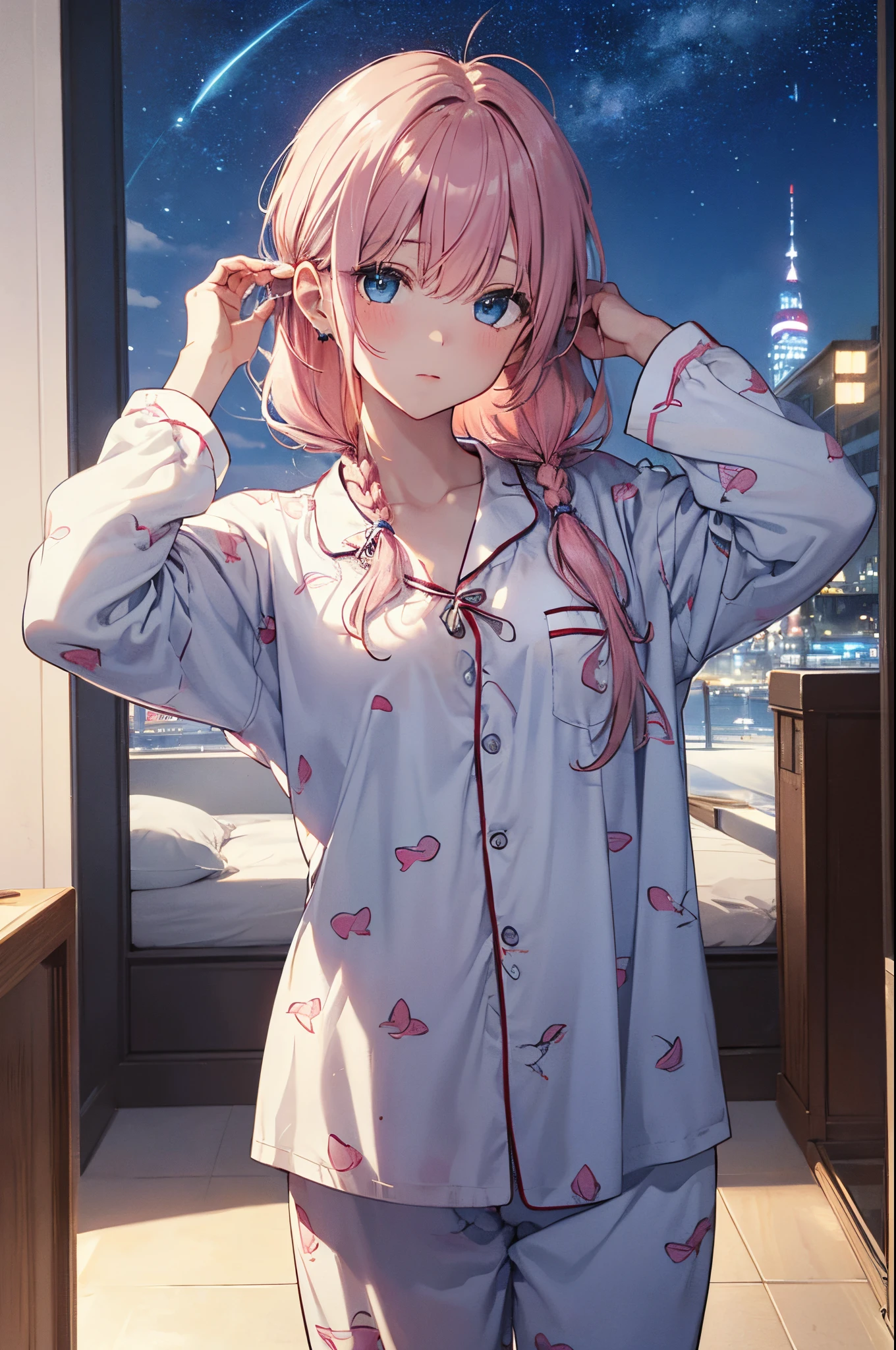 （Girl with a nasty appearance:1.3）、(Daytime:1.5)、(and chest:1.4)、Raw photography, top-quality, hight resolution, (​masterpiece), (Photorealsitic:1.4), (Mole under the eyes),Anime Cosplay, foco nítido, nffsw, 8K分辨率, intricate detailes, depth of fields, the Extremely Detailed CG Unity 8K Wallpapers, front lit, femele,25-years old、 Sleepy face,(tying  hair:1.5)、see -through、(Medium pink hair)、blue eyess,(Starry sky:1.5)、(s Pajamas:1.3)、(Full body depiction)