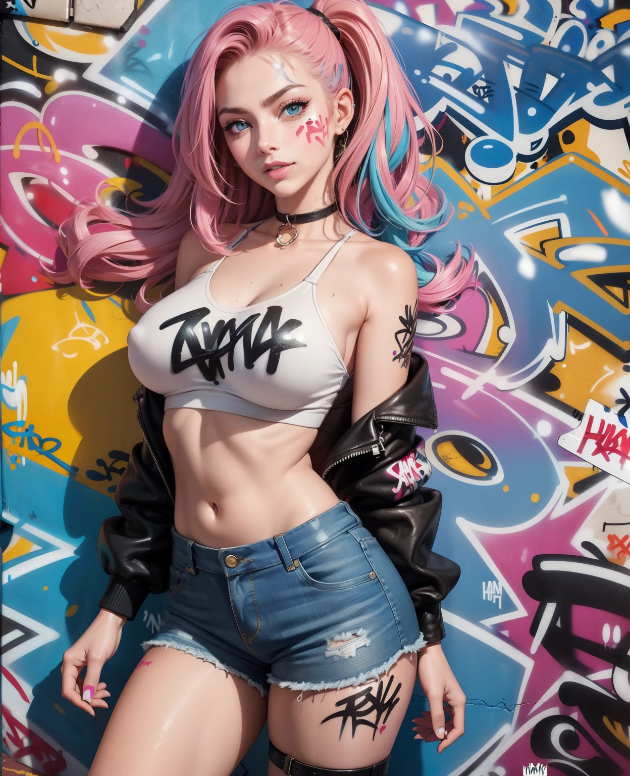 8K UHD,(Best Quality:1.2),(Masterpiece:1.2),Perfect eyes,Very detailed,beautiful 18 year old Fergie,独奏,huge round breast,crop-top,jean shorts,Choker,(graffiti:1.5),paint splatter,Hands Behind Your Back,Against a wall,looking a viewer,A bracelet,thigh strap,Paint on the body,tilt of head,bored,multi-colored hair,aqua eyes,Smile,(Perfectly drawn hands)+++,((highly detailed genuine leather)),(Skindentation),intricate details,hyper detailed,