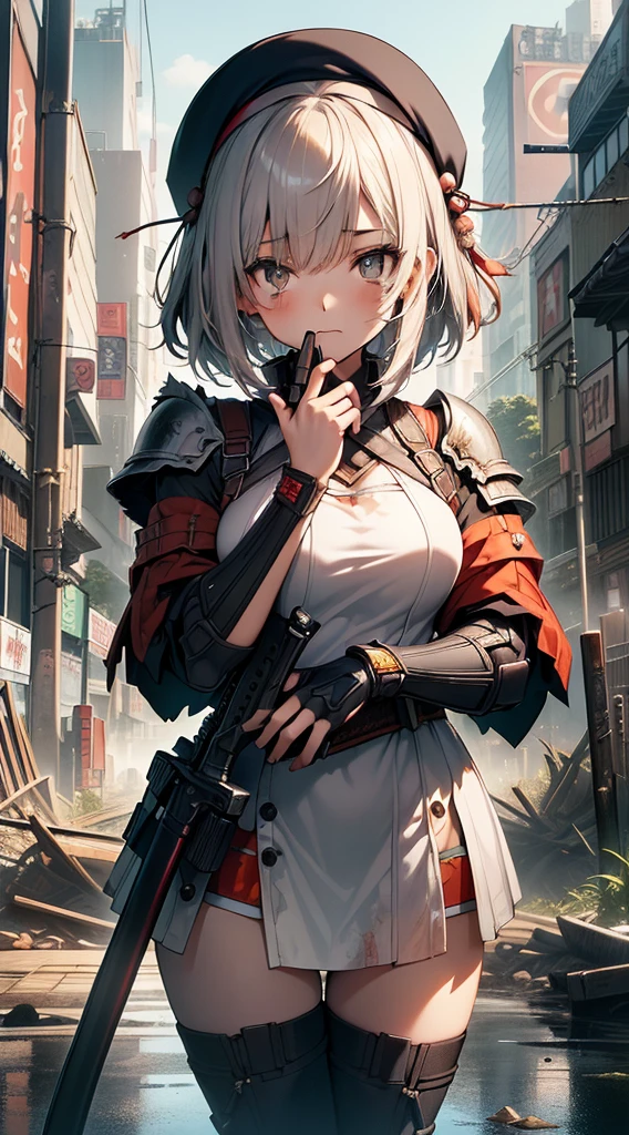 Anime girl holding guns and gun in hands, from Girls' Frontline, Mechanized female soldier, Exquisite details. Girls' Frontline, Guvez, Girl with warship parts, fleet collection style, Girls' Frontline style, Guvez on artstation pixiv, Anime Mecha Aesthetics, Guvez on pixiv artstation, From《Azur route》video game