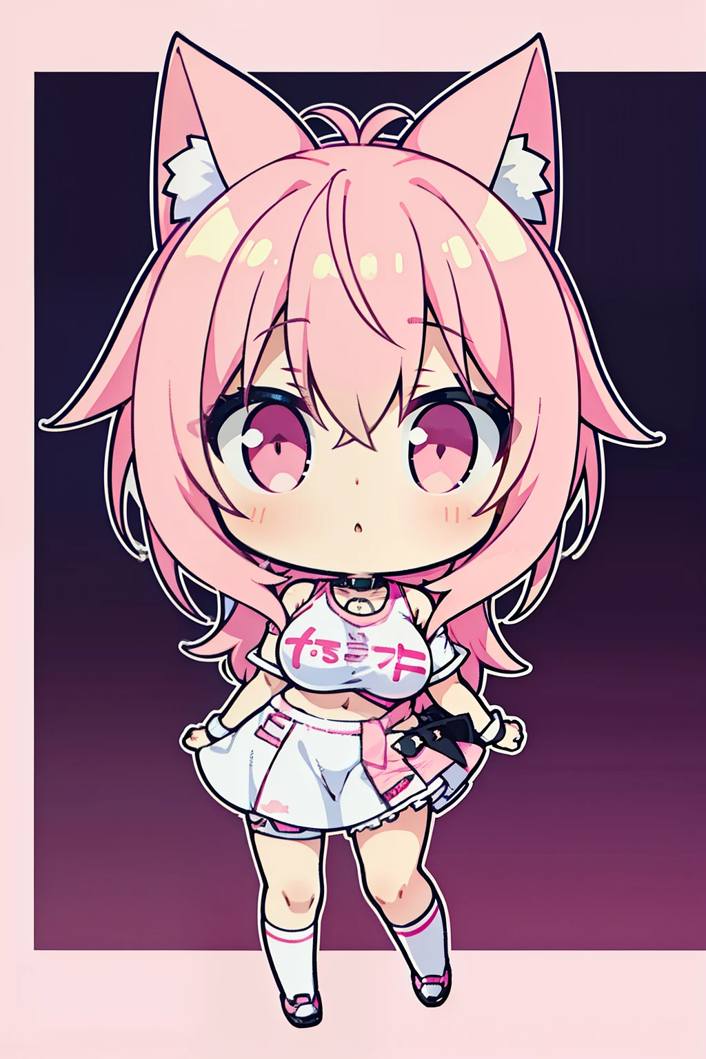 "anime girl, 1 person, pink hair, pink cat ears, pink eyes, t-shirt, white t-shirt, black women's open-shoulder jacket, black miniskirt, pants socks, big breasts,chibi,full body,solo, frontal view, standing cross-legged. (full HD 4K+ image)"