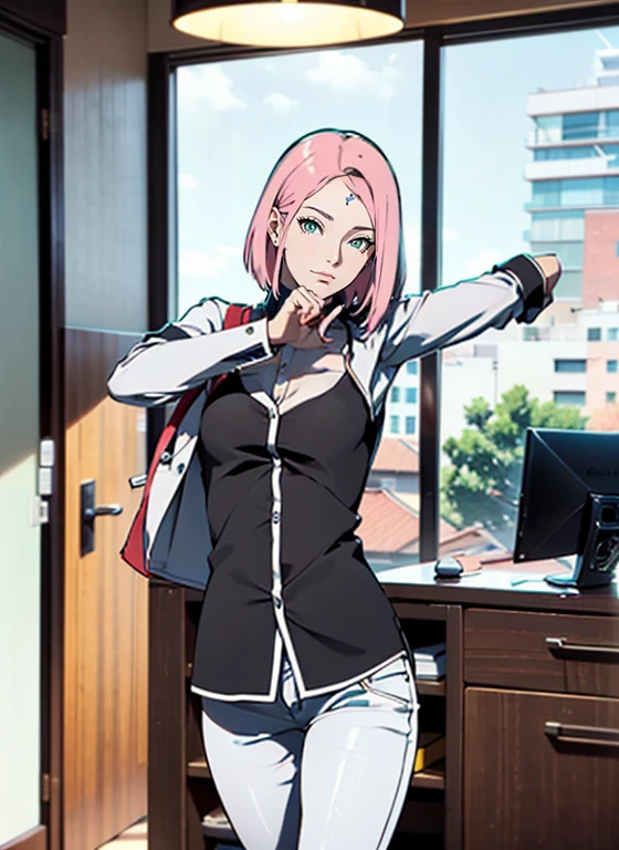 (SFW)1 MULHER MADURA (adulto), corpo sexy, Corpo Perfeito, roupas muito apertadas (casaco hospitalar), Mostra muita pele, roupas sexy,, Mamas Mostrando, standing in doctor's office, Close-up, arms behind back, sakura haruno adult doctor, Faixa de cabelo vermelha, ((camisa branca)), white jeans, hot, seios grandes, Front view, Standing, s office ((camisas abotoadas))