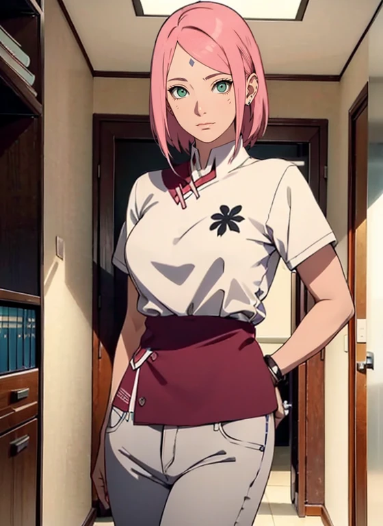 (SFW)1 MULHER MADURA (adulto), corpo sexy, Corpo Perfeito, roupas muito apertadas (casaco hospitalar), Mostra muita pele, roupas sexy,, Mamas Mostrando, standing in doctor's office, Close-up, arms behind back, sakura haruno adult doctor, Faixa de cabelo vermelha, ((camisa branca)), white jeans, hot, seios grandes, Front view, Standing, s office ((camisas abotoadas))