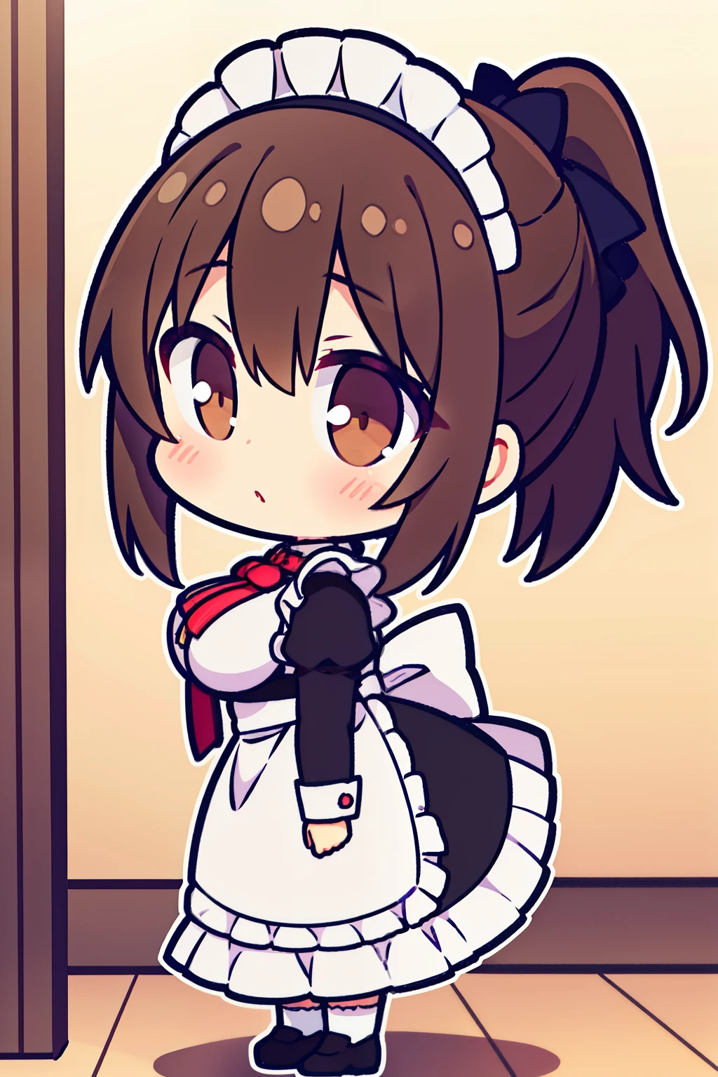 "anime girl, 1 person, dark brown hair, ponytail, ponytail, hair tied, brown eyes,chibi, maid, maid lolita, pants socks, big breasts, blushing, full body,solo, side view  front, (full HD 4K+ image )"