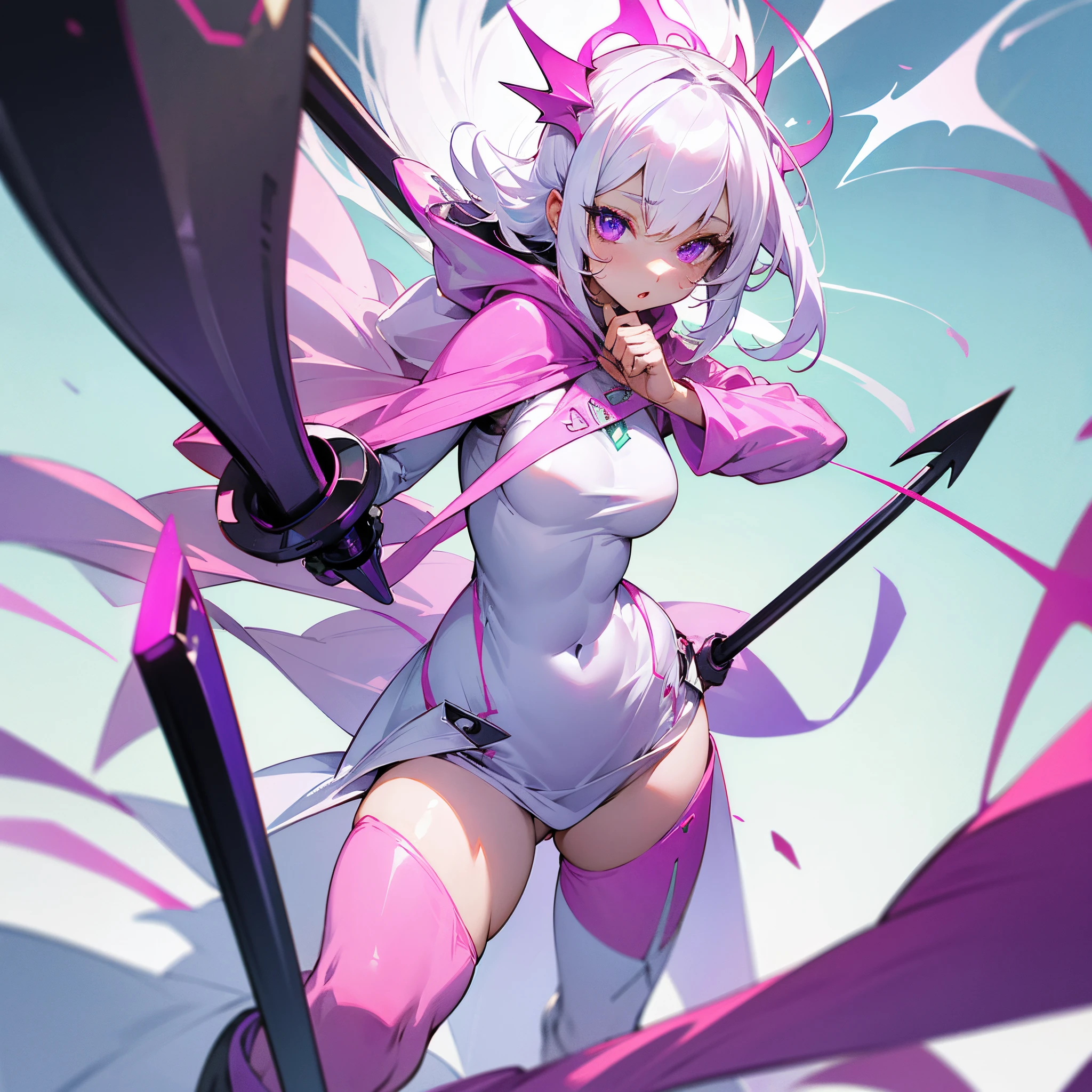 White hair, purple eyes, [eyes: pink, green],white outfit with a cape and hoodie, black boots, beautiful female, c cup, heroic, white-pink trident