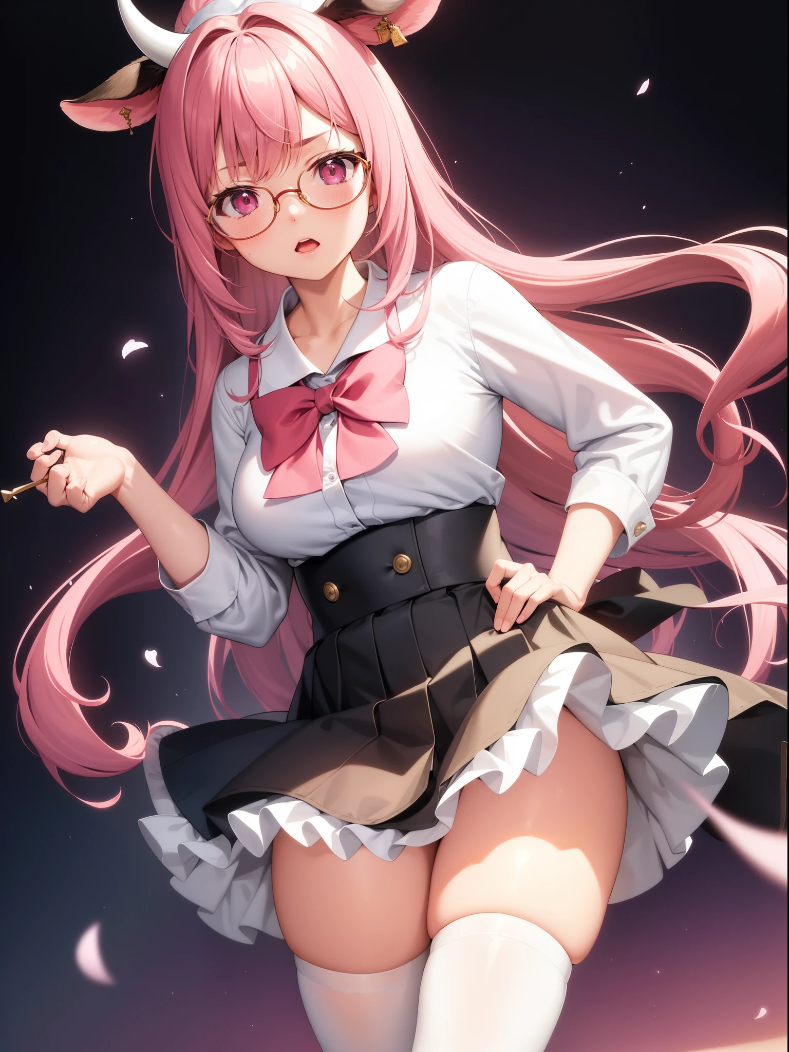 tmasterpiece, Best quality at best, ultra - detailed, hyper realisitc, photore),delicate patterns, detailedbackground, completely uncensored, cow boy shot, japanaese girl, Classroom, 校服, Loose collar, a skirt, Look at the glasses, hair between eye, Pink haired girl holding up index finger,one hand on hips, Cheeks puffed up with anger, from the above, Leaning forward,