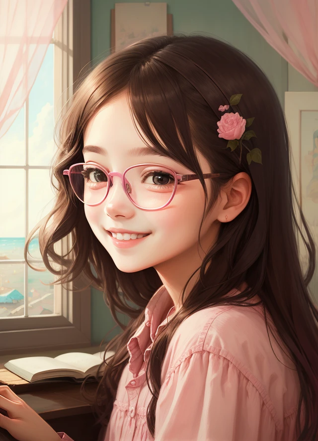 high-level image quality、Masterpiece、fine portrayal、Girl with glasses、illustratio、Friendly atmosphere、Soft atmosphere、pink there、a smile