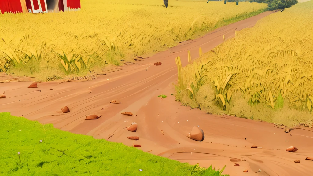 Pixar, 3d animation, 3d render, a farm in the countryside, afternoon daylight with long shadow, A field of yellow wheat, green grass growing in the bed of the wheat field and beneath of wheats, (cartoonish dirt road cuts through the field:1.3), there are some moss in the dirt road cracks, a large tree in farm. The barn has a red and some whit, in the left bottom corner there is grassland with some vary small flowers, high detail redering, Vary rendering, Arnold render, Artistic 3d render, profession CG shooting, artistic composition, professional Framing, sharp and high detail image, vivid colors, daylight, highly detailed, film grain, crystal clear, intricate, smooth, elegant, masterpiece, 4k, 8k, GI lighting, hyper detailed, HD