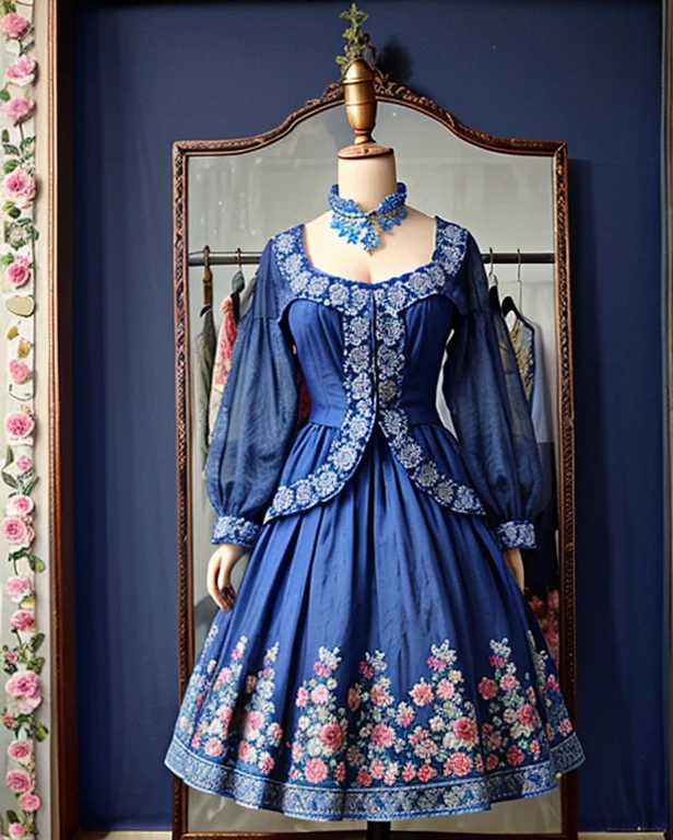 a blue dress with a jacket on a mannequin ((mannequin without hands , without head)), Persian Qajar era blue dress gown for woman, s amazing fabric with floral patterns, background contains painting of nightingale among rose and peony flowers, floral frame , ((perfect rectangular frame))