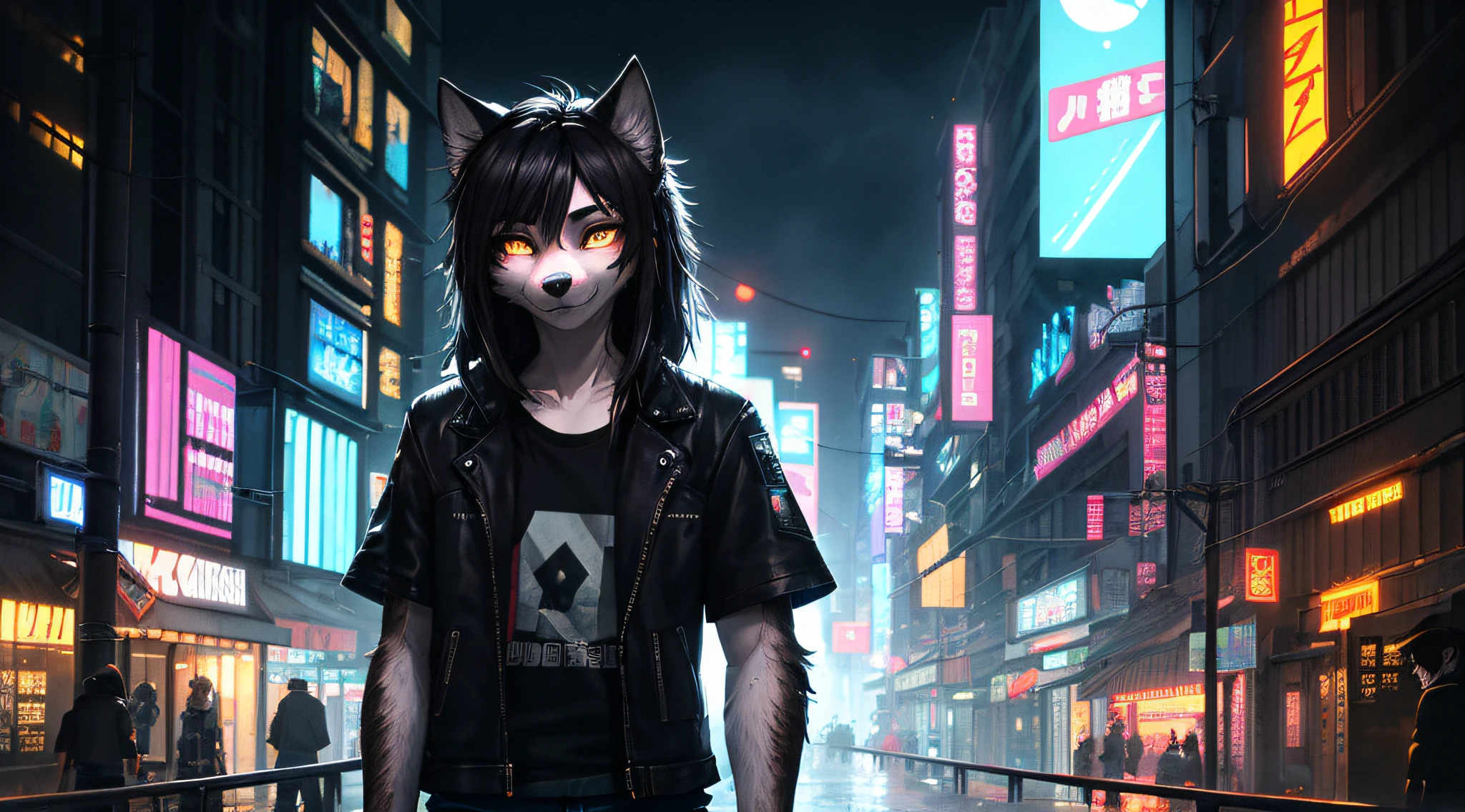 cyberpunk denim jacket, Glowing T-shirt, Wolf dog, innocent face, A look of determination, black hair color hair, Hairy limbs, City streets on rainy days, , Beautiful light and shadow、ambient light、Ultra-fine fur、Volumetric light is very detailed