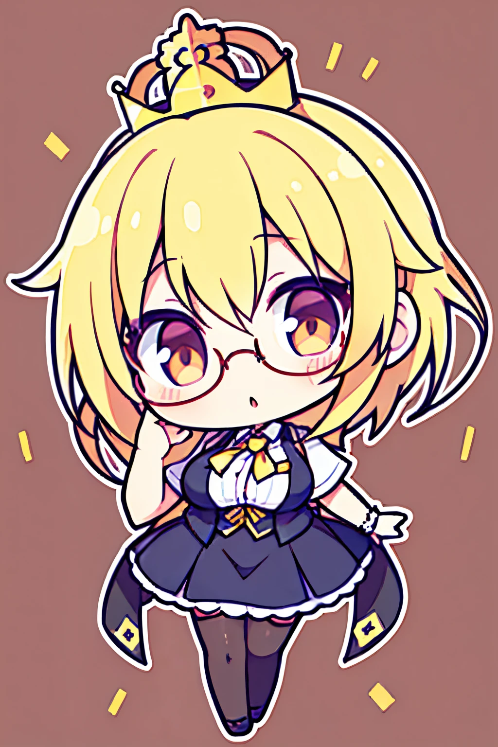 "anime girl, 1 person, bright blonde hair, glasses, crown, women's shirt, vest, tie, office clothes, front view, big breasts, black dress, long stockings, chibi, full body ,front view (full HD 4K+ image)"