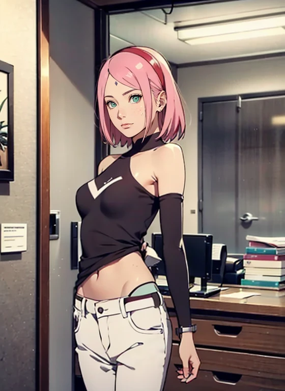 (SFW)1 MULHER MADURA (adulto), corpo sexy, Corpo Perfeito, roupas muito apertadas (casaco hospitalar), Mostra muita pele, roupas sexy,, Mamas Mostrando, standing in doctor&#39;s office, Close-up, arms behind back, sakura haruno adult doctor, Faixa de cabelo vermelha, ((camisa branca)), white jeans, hot, seios grandes, Front view, Standing, s office ((camisas abotoadas))