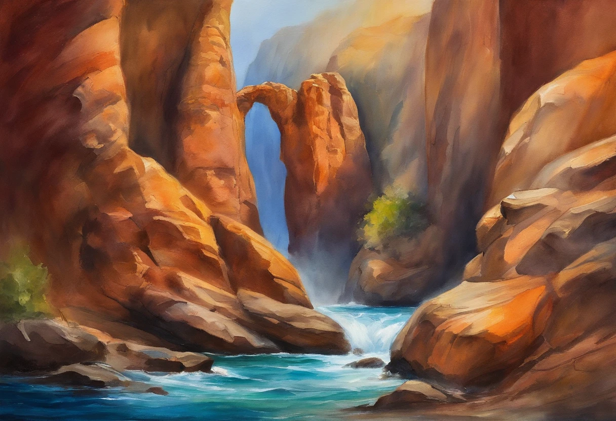 Close-up of water rushing into rock formations, A mystical environment, Magnificent background, Sunrise light, rock arch, Sunset sun, amazing composition, amazing depth, beautiful surroundings, beautiful nature, rising from the ocean, portal to another world, rock arc, Beautiful and mysterious, beautiful sea landscapes, Incredible depth, A world that can only be seen through a portal, Stunning composition