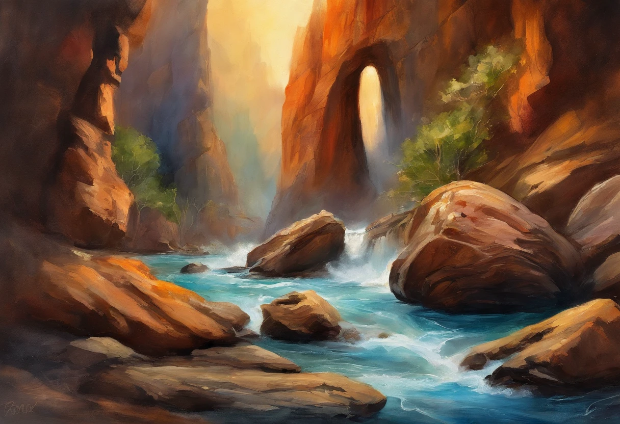 Close-up of water rushing into rock formations, A mystical environment, Magnificent background, Sunrise light, rock arch, Sunset sun, amazing composition, amazing depth, beautiful surroundings, beautiful nature, rising from the ocean, portal to another world, rock arc, Beautiful and mysterious, beautiful sea landscapes, Incredible depth, A world that can only be seen through a portal, Stunning composition