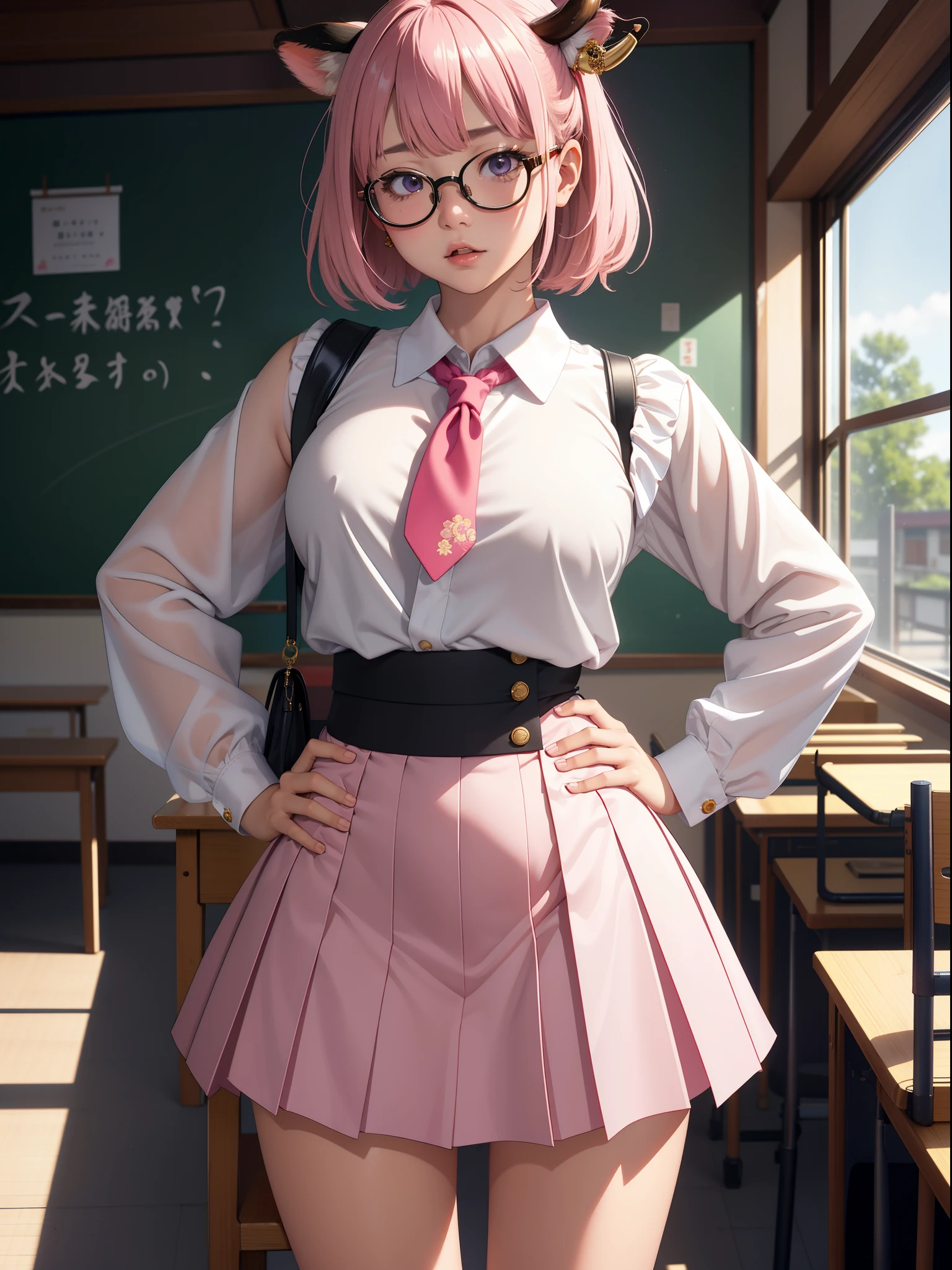 tmasterpiece, Best quality at best, ultra - detailed, hyper realisitc, photore),delicate patterns, detailedbackground, completely uncensored, cow boy shot, japanaese girl, ‎Classroom, 校服, Loose collar, a skirt, Look at the glasses, hair between eye, Pink haired girl holding up index finger，one hand on hips, Cheeks puffed up with anger, from the above, Leaning forward,