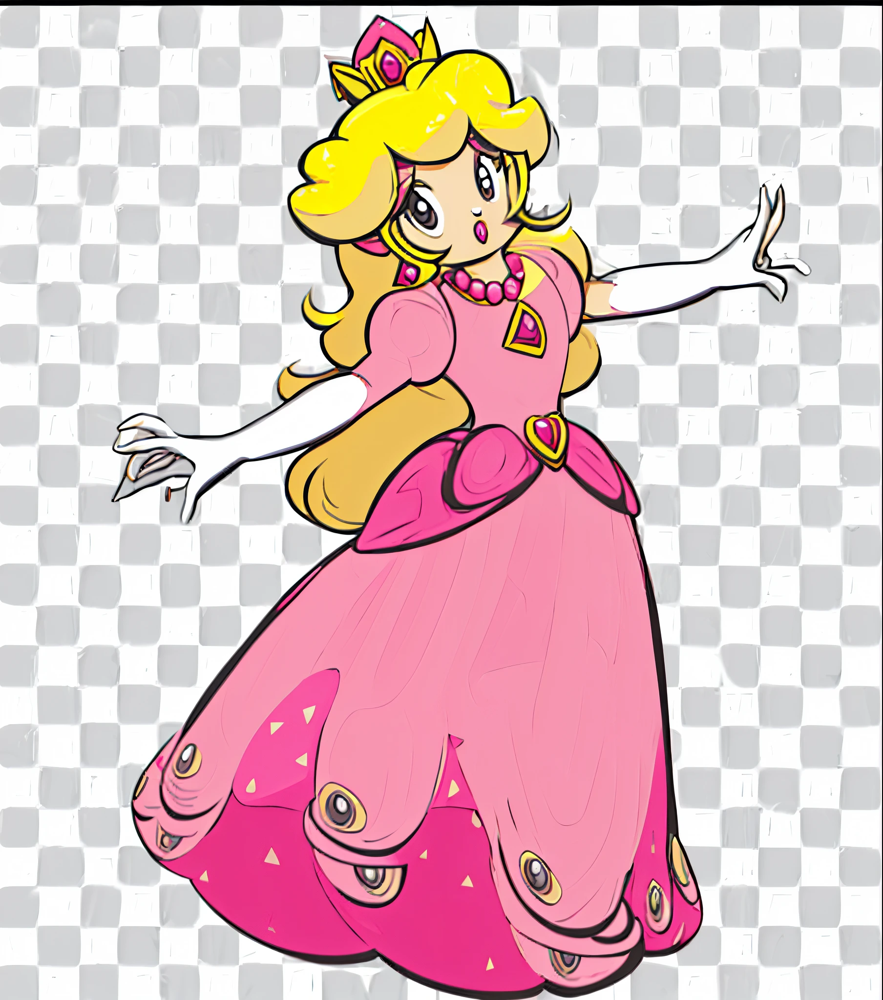 wearing a pink dress、cartoon princess wearing tablecloth, peach princess, peach princess), portrait of princess peach, peaches, pink iconic character, Nintendo, Excellent, princess of power, A princess, Anime princess, pix, blond-haired princess, mario, videgame character, princess intergalactica, spritesheet, [ number art, mushroom kingdom，Black colored hair