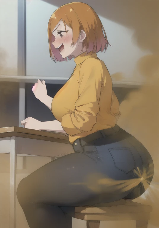 ((kugisaki nobara)),((velocity)),Yellow smoke,Attacked by farts, (((Women sitting)),velocity,(Yellow smoke is rising),i'i'i'i'i'i'dining table)),((One Woman)),((A girl smells a fart and laugh)),((blushing)),(masterpiece:1.2、top-quality)、(the Extremely Detailed CG Unity 8K Wallpapers、ultra-detailliert、Best Shadows)、(细致背景)、(The best lighting、extremely delicate and beautiful)、depth of fields、1girl in、独奏、upward looking gaze,Women dont wear pants only underwear,Ephemeral,,(brownhair),(wear yellow sweaters)),((((Girl is laugh when she smells the bad smell of farts)))),outfit like a office lady,((((profile facing diagonally)))),((i'I opened my mouth laugh...)),(()),((happy look)),((massive fart)),((fart text))