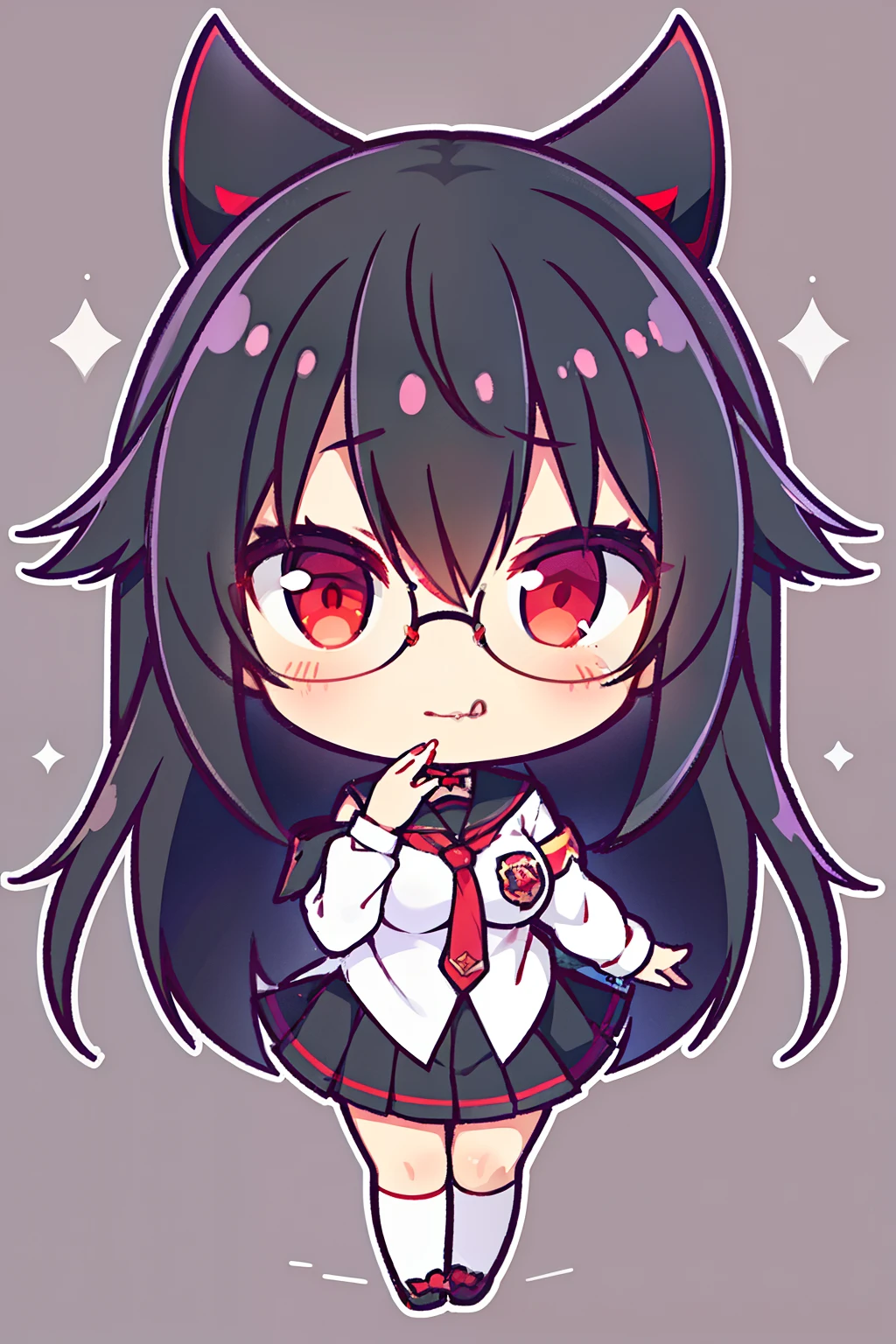 "anime girl, 1 person, black hair, shoulder length hair, red eyes, glasses, white horns, wearing a girl's shirt, tie, school clothes, big breasts, pants socks, licking lips, small black wings back,chibi,full body,solo, front view, (full HD 4K+ image)"