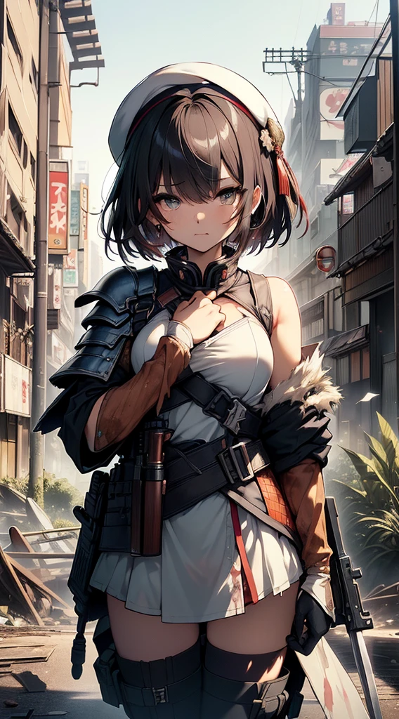 top-quality、Top image quality、​masterpiece、s girl((transparent mini dress(clothes torn)、Black armor only on shoulders、bust 80、Radiant hair、short-hair、Breasts wide open、Strong eye power、White beret、Kamimei、Full of wounds all over the body、He is holding the handle of a Japanese sword with his right hand.、Crotch wide open、Holding a rifle in his left hand)）hiquality、visualart、Background with((World of Japan、Destroyed cityscape))、gorgeous colors