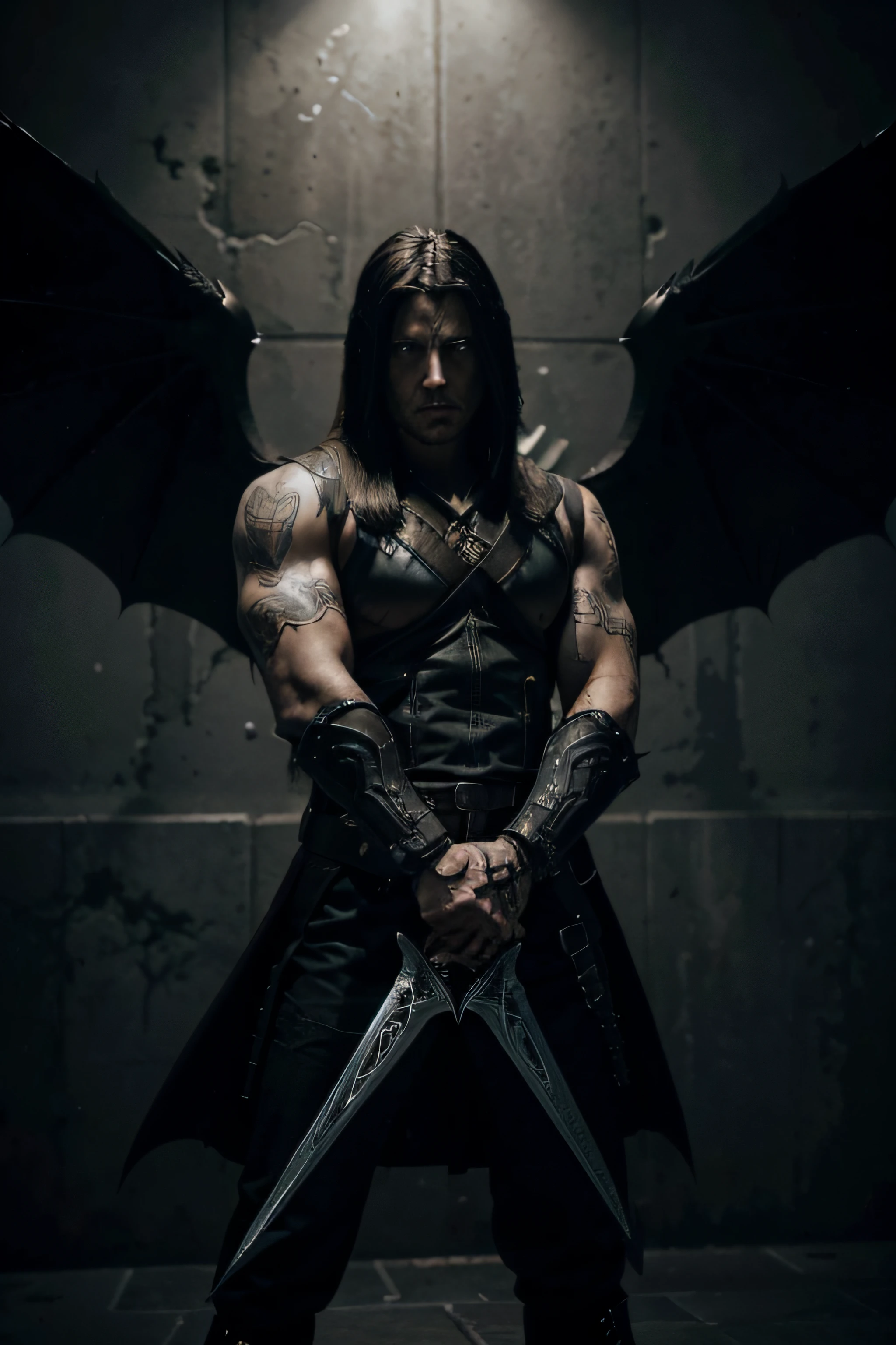 Create a striking jersey logo inspired by the character Sephiroth from the game male version . Capture the essence of a formidable and deadly villain through a combination of dark aesthetics, intricate details, and an ominous presence, symbolizing strength and intimidation.",shodow,dark, in shadow fight game patten, front facing and show devil wings, holding swords upward showing partition between face