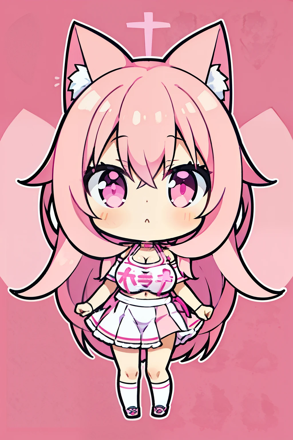 "anime girl, 1 person, pink hair, pink cat ears, pink eyes, t-shirt, white t-shirt, black women's open-shoulder jacket, black miniskirt, pants socks, big breasts,chibi,full body,solo, frontal view, standing cross-legged. (full HD 4K+ image)"