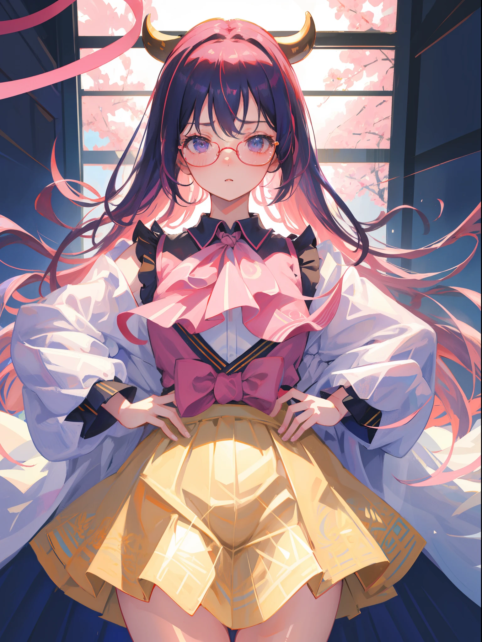tmasterpiece, Best quality at best, ultra - detailed, hyper realisitc, photore),delicate patterns, detailedbackground, completely uncensored, cow boy shot, japanaese girl, ‎Classroom, 校服, Loose collar, a skirt, Look at the glasses, hair between eye, Pink haired girl holding up index finger，one hand on hips, Cheeks puffed up with anger, from the above, Leaning forward,