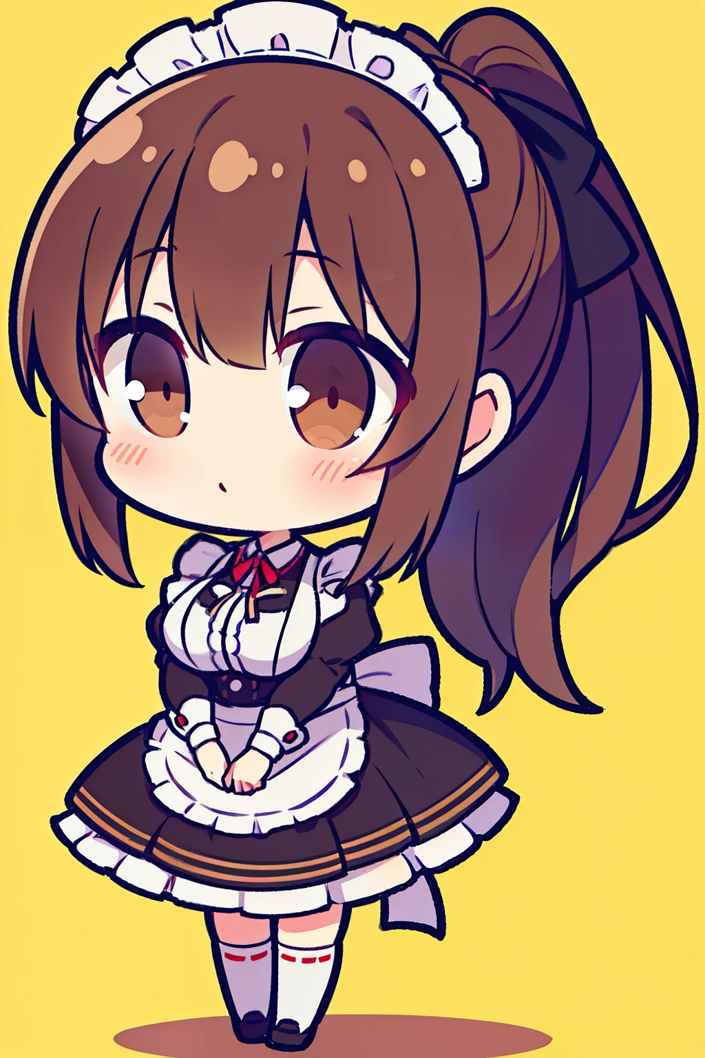 "anime girl, 1 person, dark brown hair, ponytail, ponytail, hair tied, brown eyes,chibi, maid, maid ta, pants socks, big breasts, blushing, full body,solo, side view front, (full HD 4K+ image )"