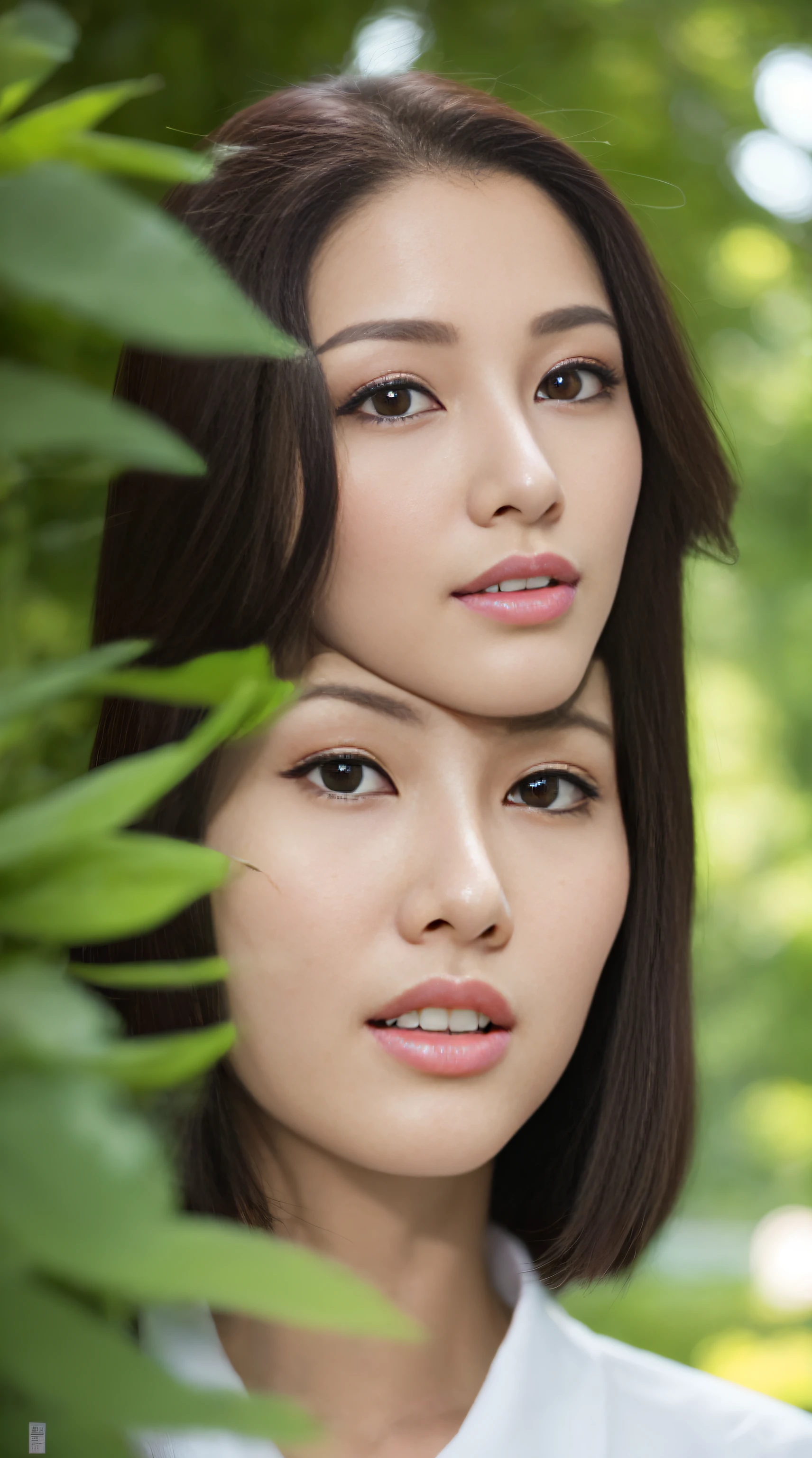 a fashion model，25 age old，[[[[Close-up cleavage]]]], [[[[climaxing]]]], [[[[Cole]]]], [[[[bshoulder]]]],perfect  eyes, Perfect iris，perfect lips，perfect teeth，Perfect Skin，with fair skin，HighDynamicRange，Movie Girl，(delicated face)，(Highly defined faces)，((closeup of face))，White casual wear，The background is green trees，fresh flowers，4K Ultra HD, 超高分辨率, (realistically: 1.4), Best quality，tmasterpiece，（pastel colour：1.2）