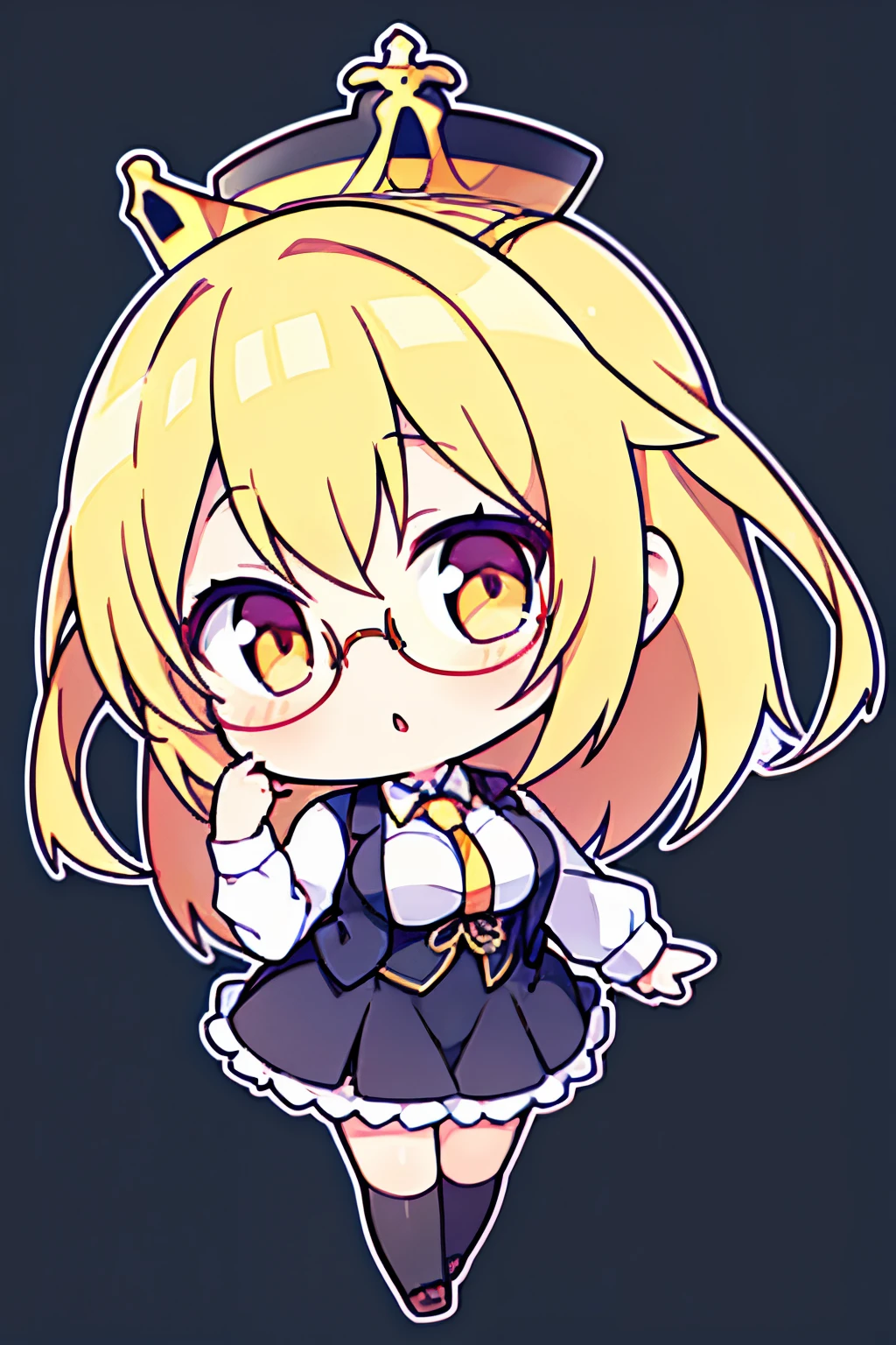 "anime girl, 1 person, bright blonde hair, glasses, crown, women's shirt, vest, tie, office clothes, front view, big breasts, black dress, long stockings, chibi, full body ,front view (full HD 4K+ image)"