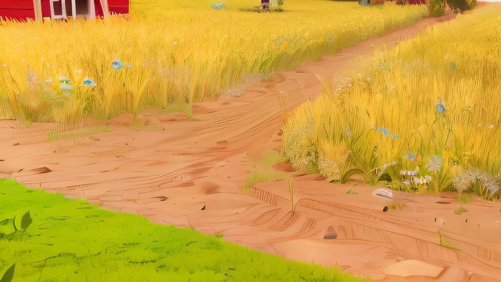 Pixar, 3d animation, 3d render, a farm in the countryside, afternoon daylight with long shadow, A field of yellow wheat, There is green grass growing in the bed of the wheat field and beneath of wheats, (cartoonish dirt road cuts through the field:1.3), a large tree. The barn has a red and some whit, in the left bottom corner there is grassland, high detail redering, Vary rendering, Arnold render, Artistic 3d render, profession CG shooting, artistic composition, professional Framing, sharp and high detail image, vivid colors, daylight, highly detailed, film grain, crystal clear, intricate, smooth, elegant, masterpiece, 4k, 8k, GI lighting, hyper detailed, HD