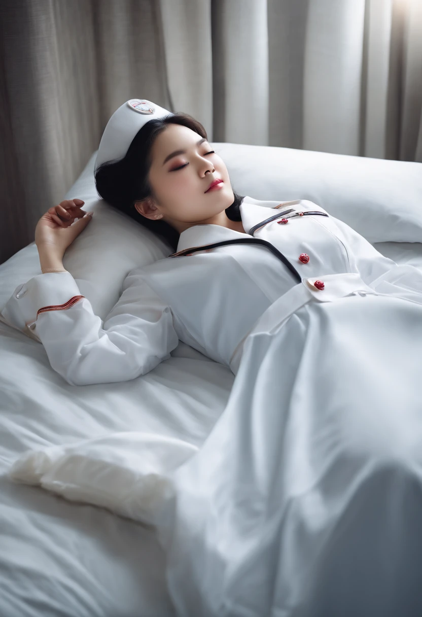 ((best quality)), ((masterpiece)), Photo of a beautiful Chinese girl laid on her back in bed , sexy nurse uniform, naked