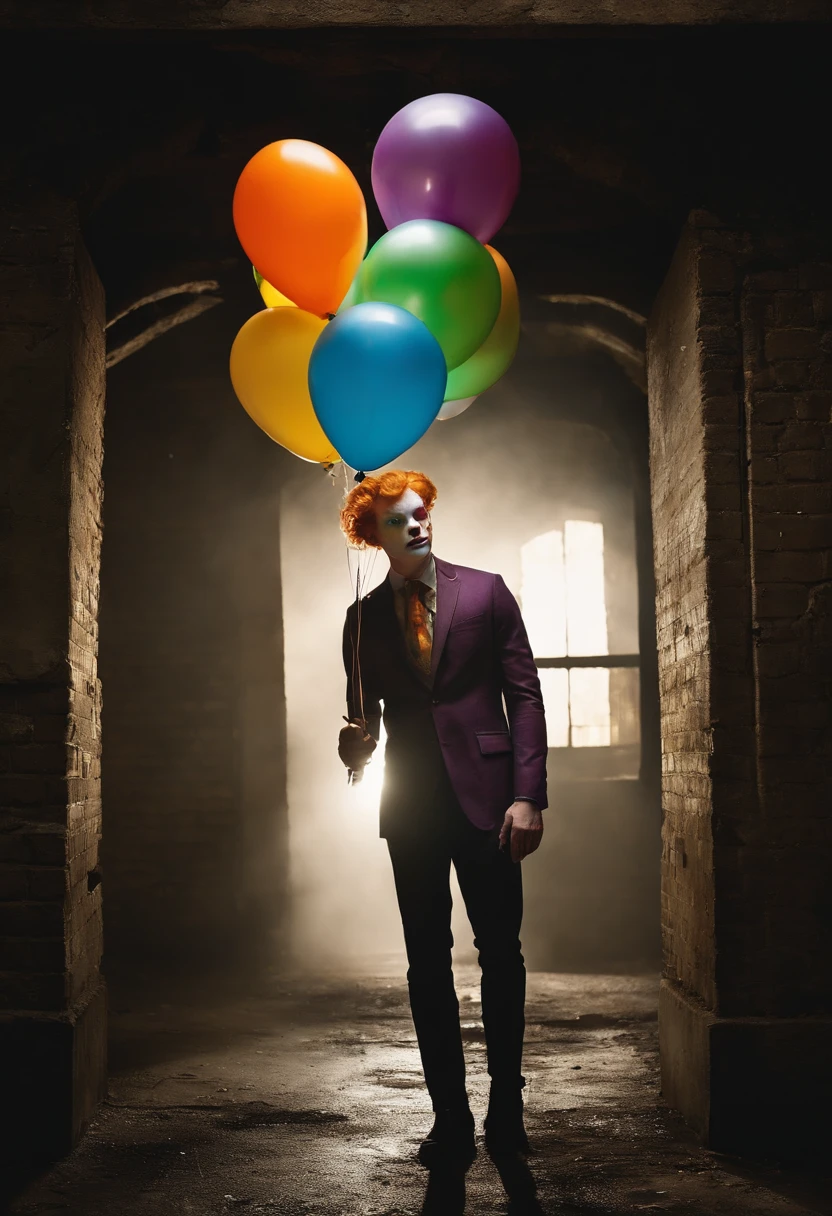 The image is of Jerome sneaking through an abandoned warehouse, wearing a creepy clown mask and holding a handful of colorful balloons.,Gotham TV series,Jerome is tall, pale, has short ginger hair, famously portrayed by Cameron Monaghan, male