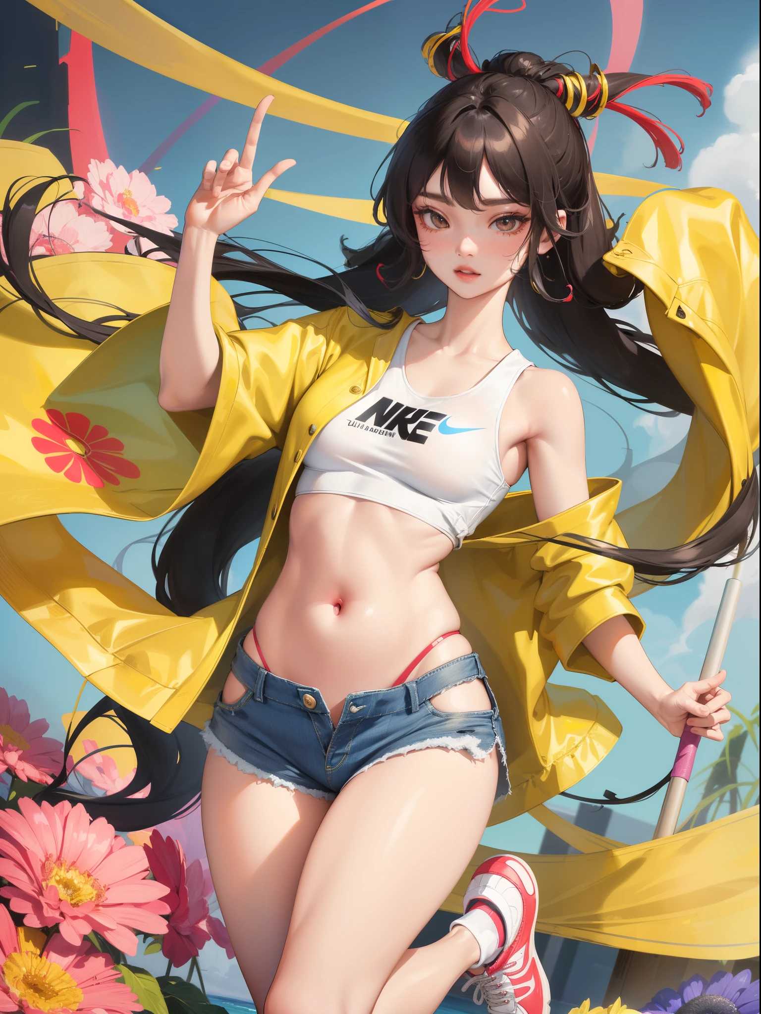 Uchimeimei, Very sensual, Clothes for girls with funk, Brazilian, Rio de janeiro, Dancing funk, scroll, big assa, thick leg, Wear extremely short denim shorts, wearing a mini shirt, There is leakage in the belly button, Nike sneakers, long whitr hair, Speakers at the back, full bodyesbian, Very realistic, Very sexy, 8K, 8K is extremely detailed), (Extremely Delicately Beautiful), (tmasterpiece), (Better quality: 1.0), (Ultra-high sharpness:1.0)