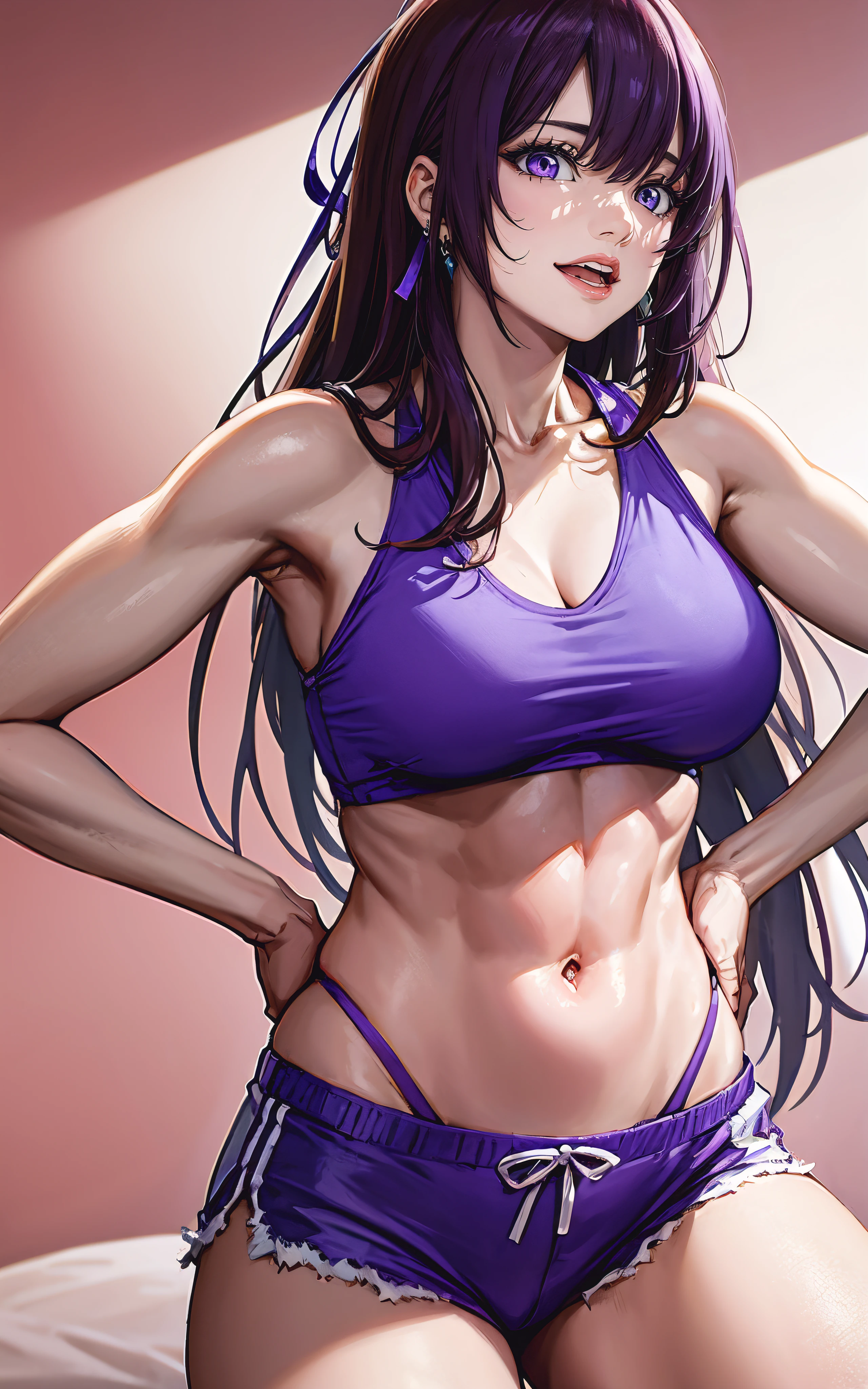 anatomically correct, best quality, masterpiece, high quality, high details, highres, HD, (shaded face:1.2), hollow eyes, purple eyes, looking at viewer, seductive smile, lips, purple hair, long hair, 1girl, breasts, open_mouth, hands_on_hips, long_hair, navel, smile, abs, large_breasts, bare_shoulders, solo, bangs, muscle, purple_eyes, shorts, midriff, muscular_female, ribbon, mole, collarbone, teeth, blush, looking_at_viewer, hand_on_hip, :d, purple_panties, purple_shorts, toned