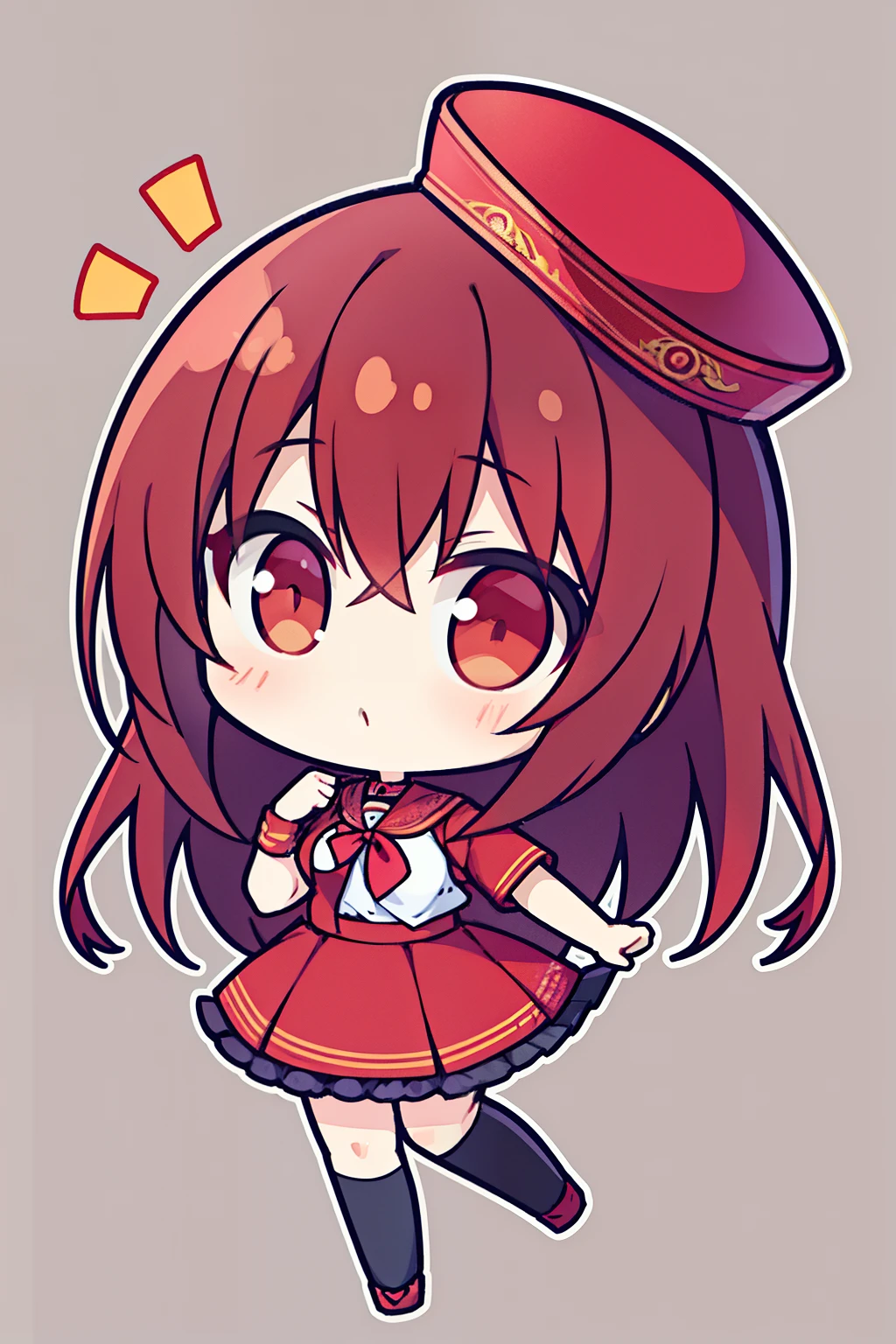 "anime girl, 1 person, dark red hair, shoulder length hair, dark red eyes, wearing a small hat, small hat, red hat with yellow trim, wearing a women's shirt, shirt uniform, dark red skirt, big breasts, pants  socks, chibi,full body, solo, frontal view, (full HD 4K+ image  )"