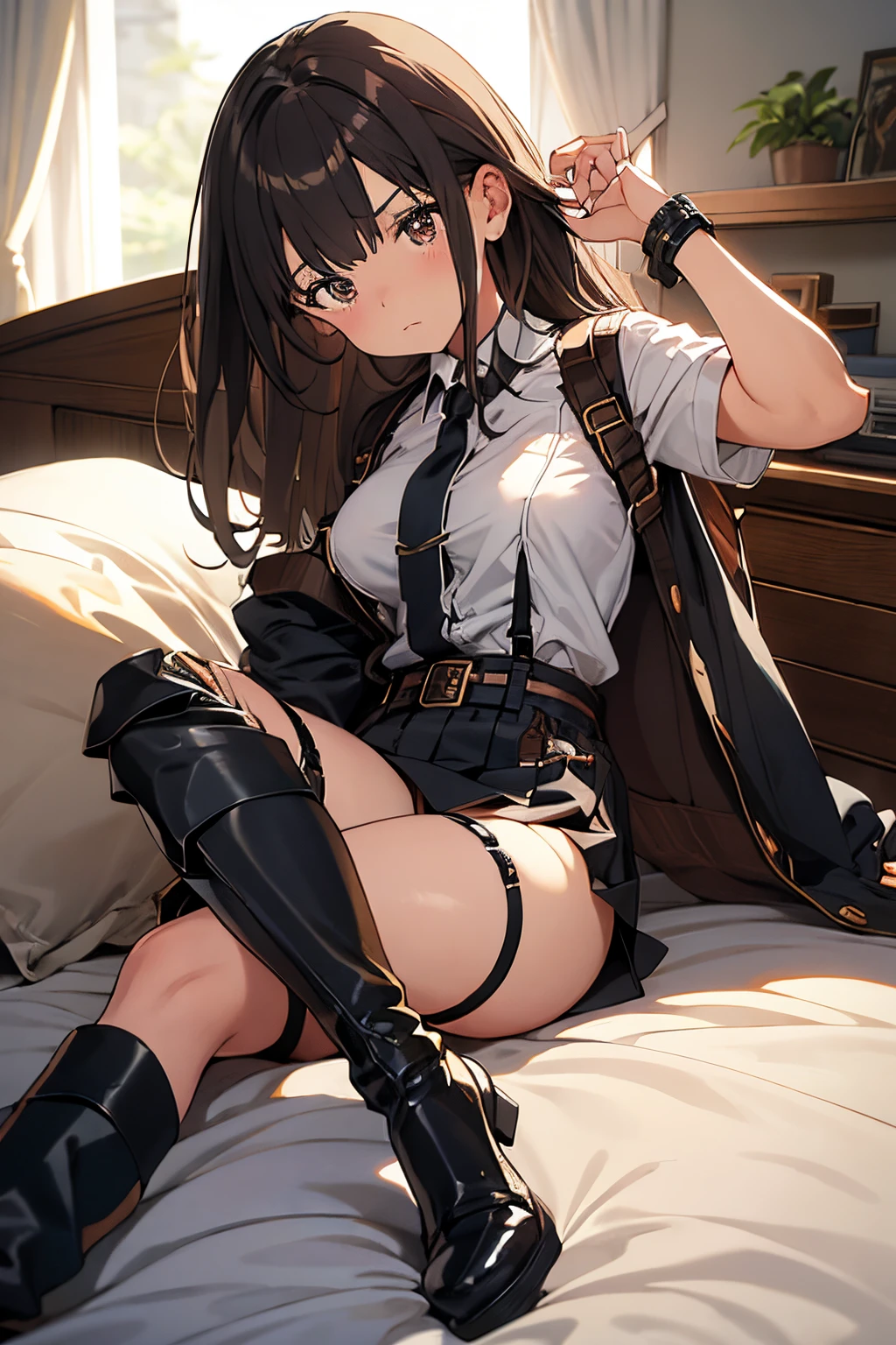Brown hair、watching at viewers black suspenders Bulging big breasts walls: Black miniskirt garters Gaze Small face bangss holster Belt Armament Beautuful Women srestrained hands up Lying in bed Leg holster lying on the bed Gaze black boots panty shot