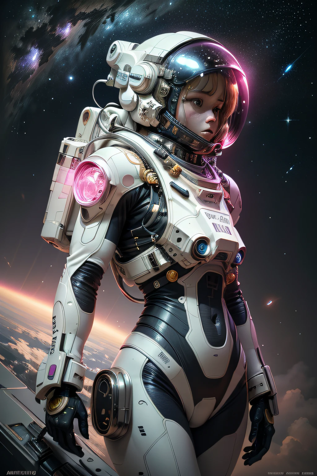 best quality,4k,8k,highres,masterpiece:1.2,ultra-detailed,realistic:1.37,detailed astronaut in space suit,beautiful detailed eyes,beautiful detailed lips,long eyelashes,lonely astronaut in space,lonely figure,exploring an alien world,tiny astronaut in a vast universe,astronaut walking in a sea of colorful flowers,pink clouds floating in the sky,boundless space stretching infinitely,isolated astronaut on a distant planet,floating space debris,overwhelming cosmic landscape,feeling of being lost in an endless expanse,universe filled with mystery and beauty,astronaut's visor reflecting the breathtaking view,gentle sunlight casting a warm glow,astronaut's suit adorned with patches representing their journey,technologically advanced space gear,reflection of the astronaut's determination in their eyes,leaves gently swaying in the cosmic breeze,peaceful and serene atmosphere,subtle shades of pink filling the entire scene,eerie yet captivating scenery,a sense of wonder and awe in the astronaut's expression,majestic flowers reaching towards the stars,alien flora and fauna thriving in this extraterrestrial environment,ethereal and dreamlike ambiance,surreal and otherworldly experience,interplay of colors creating a mesmerizing effect,enchanting and surreal dreamscape,sublime fusion of science fiction and natural beauty,a lone astronaut's battle against solitude and isolation,desire to explore the unknown,blend of science and art,cosmic wanderer discovering a hidden universe,astronaut's sense of insignificance in the grand scheme of things,stunning intergalactic vista,palette of vibrant and vivid colors,evoking a sense of hope and adventure.